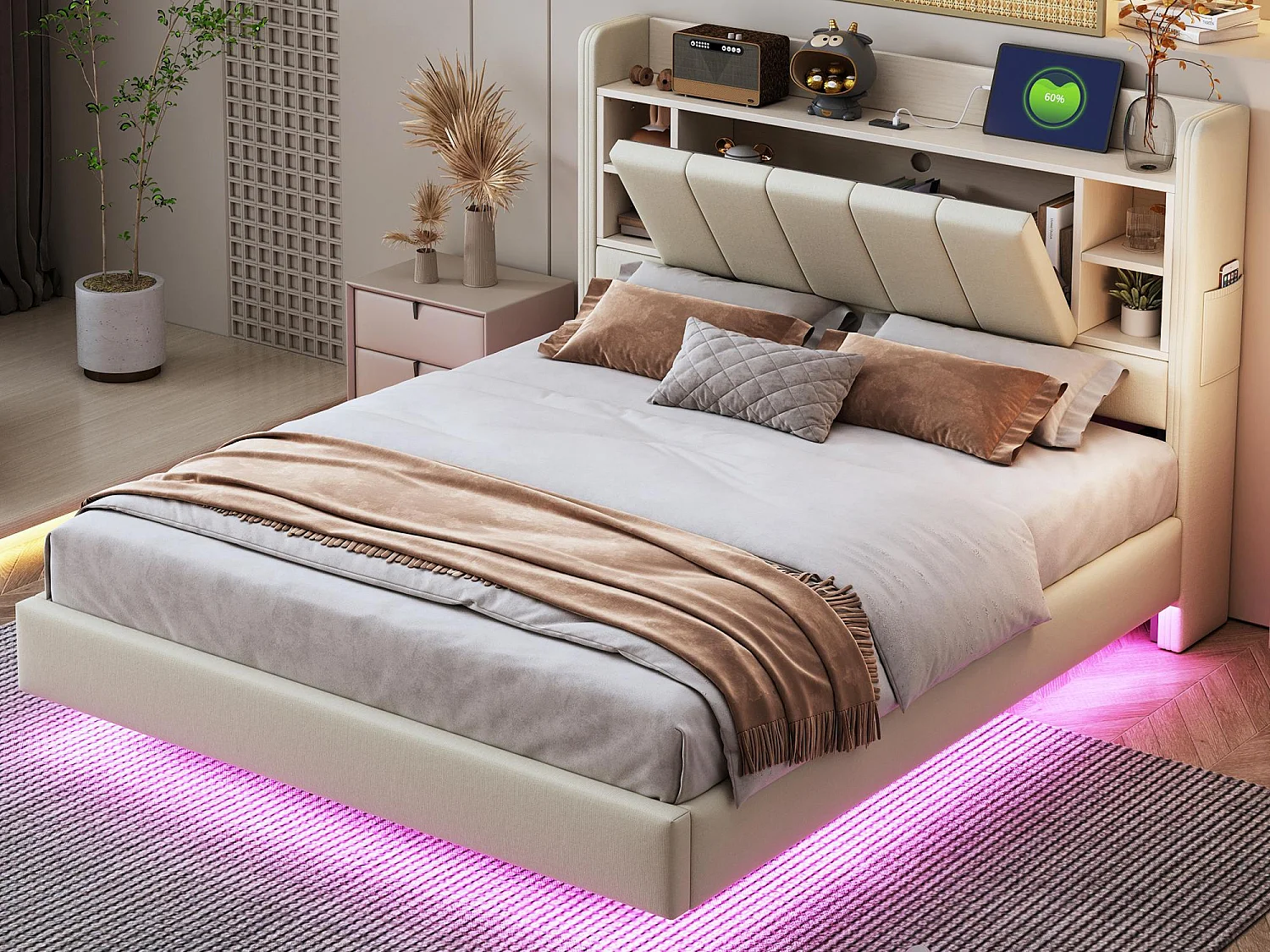 Łóżko tapicerowane lniane 140x200 cm - z gniazdem USB + LED - z metalowym stelażem - Beżowe 3770464 - obrazek 1