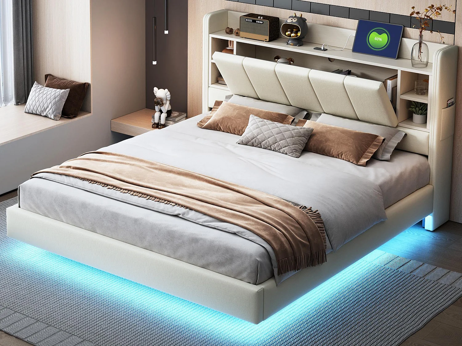 Łóżko tapicerowane lniane 160x200 cm - z gniazdem USB + LED - z metalowym stelażem - Beżowe 3770465 - obrazek 1
