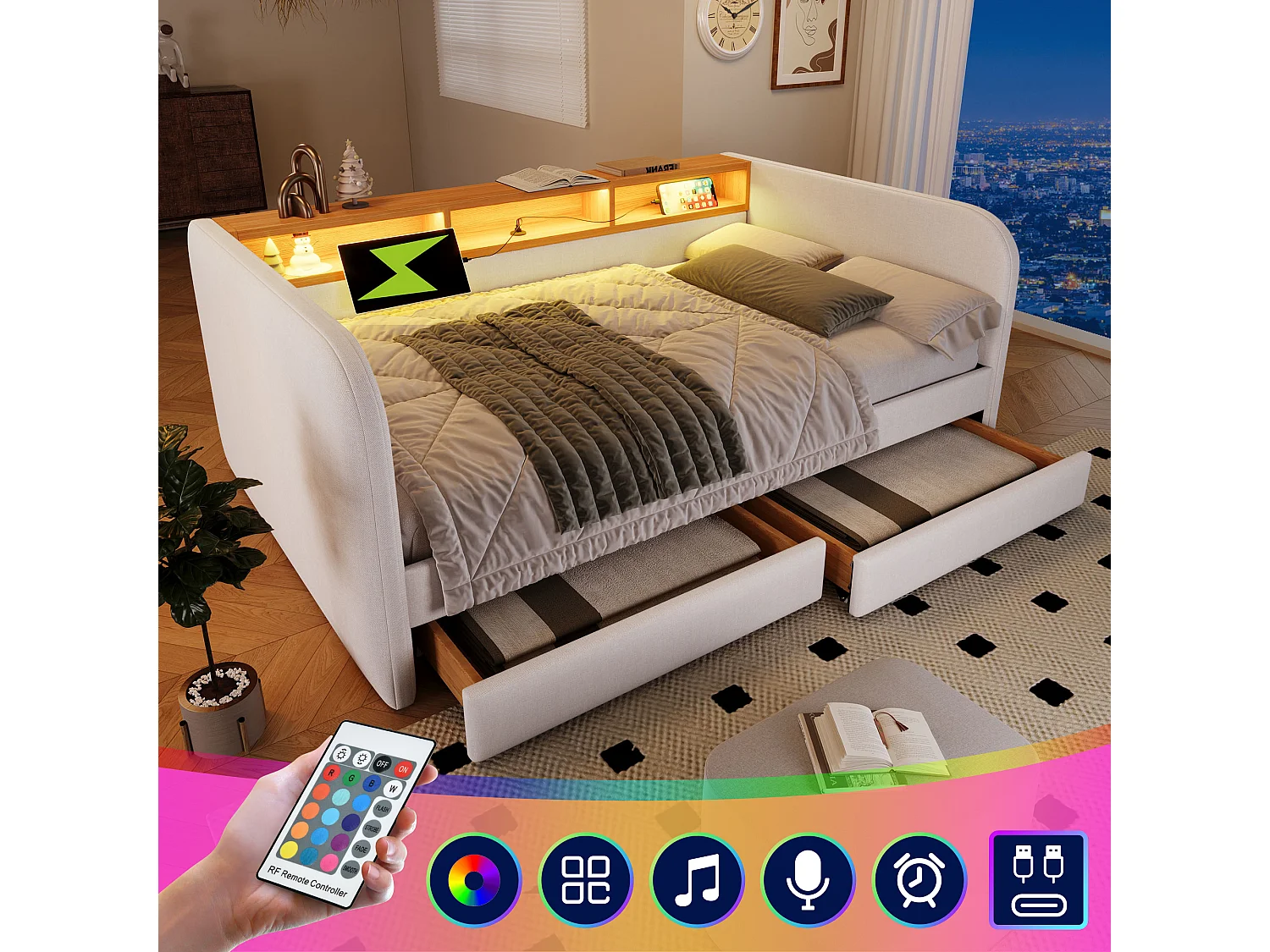 Łóżko tapicerowane 140 x 190 cm z 2 szufladami, rozkładana sofa - LED i ładowanie USB-C - Tkanina lniana - Beżowy (bez materaca) 3777280 - obrazek 1