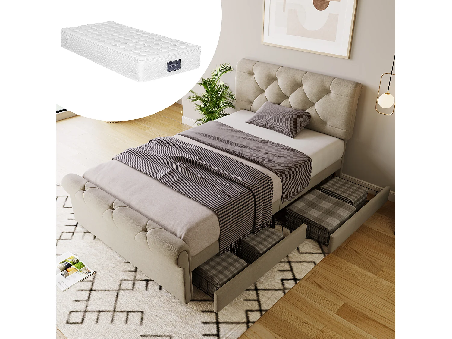 Łóżko tapicerowane 90 x 200 cm z regulowanym zagłówkiem i 2 szufladami - Tkanina lniana - Styl Chesterfield - Naturalny + materac 3777286 - obrazek 1