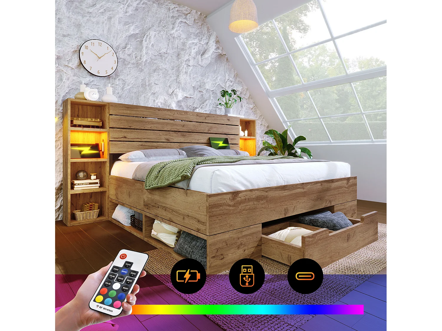 Łóżko podwójne 160 x 200 cm z szufladami i półkami do przechowywania - lampka do czytania i gniazda USB - Lite drewno - Dąb (bez materaca) 3777285 - obrazek 1