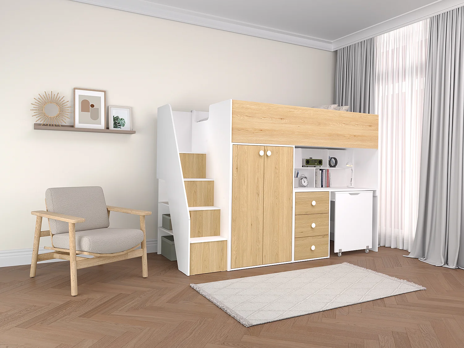 Łóżko antresola 90 x 190 cm z szafą i biurkiem – Biały i naturalny + Materac – LANILATO 3787161