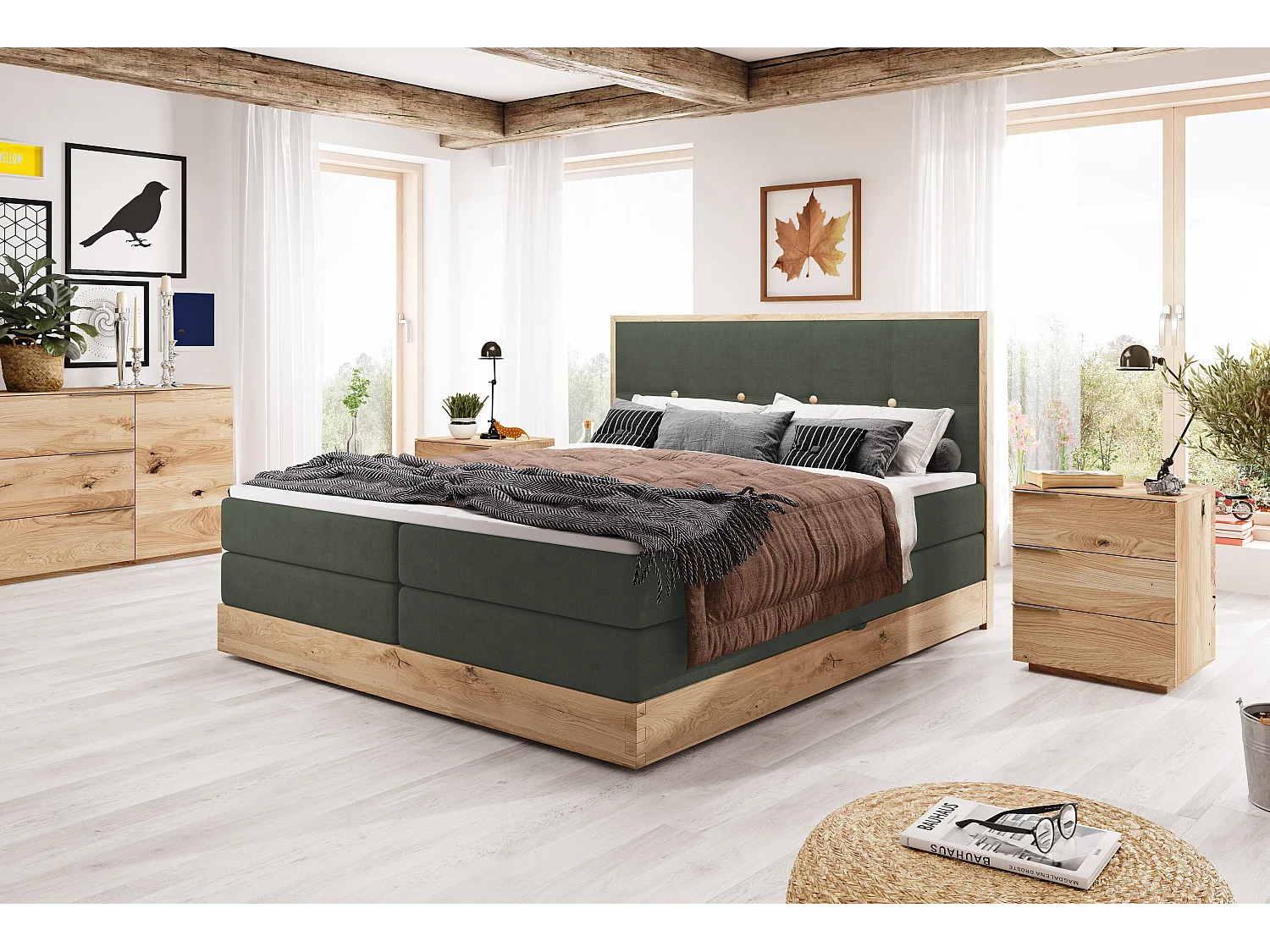 Łóżko skrzyniowe ELLI z eleganckim wezgłowiem, pojemnym schowkiem i nowoczesnym designem, Rozmiar: 180x200 cm, Kolor: Ciemnozielony 3862438 - obrazek 1