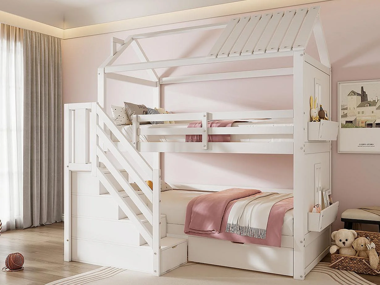Łóżko piętrowe dla dzieci 90x200cm - z schodami do przechowywania + 2 szuflady + półki - z drewna sosnowego i MDF - Białe 3297157 - obrazek 1