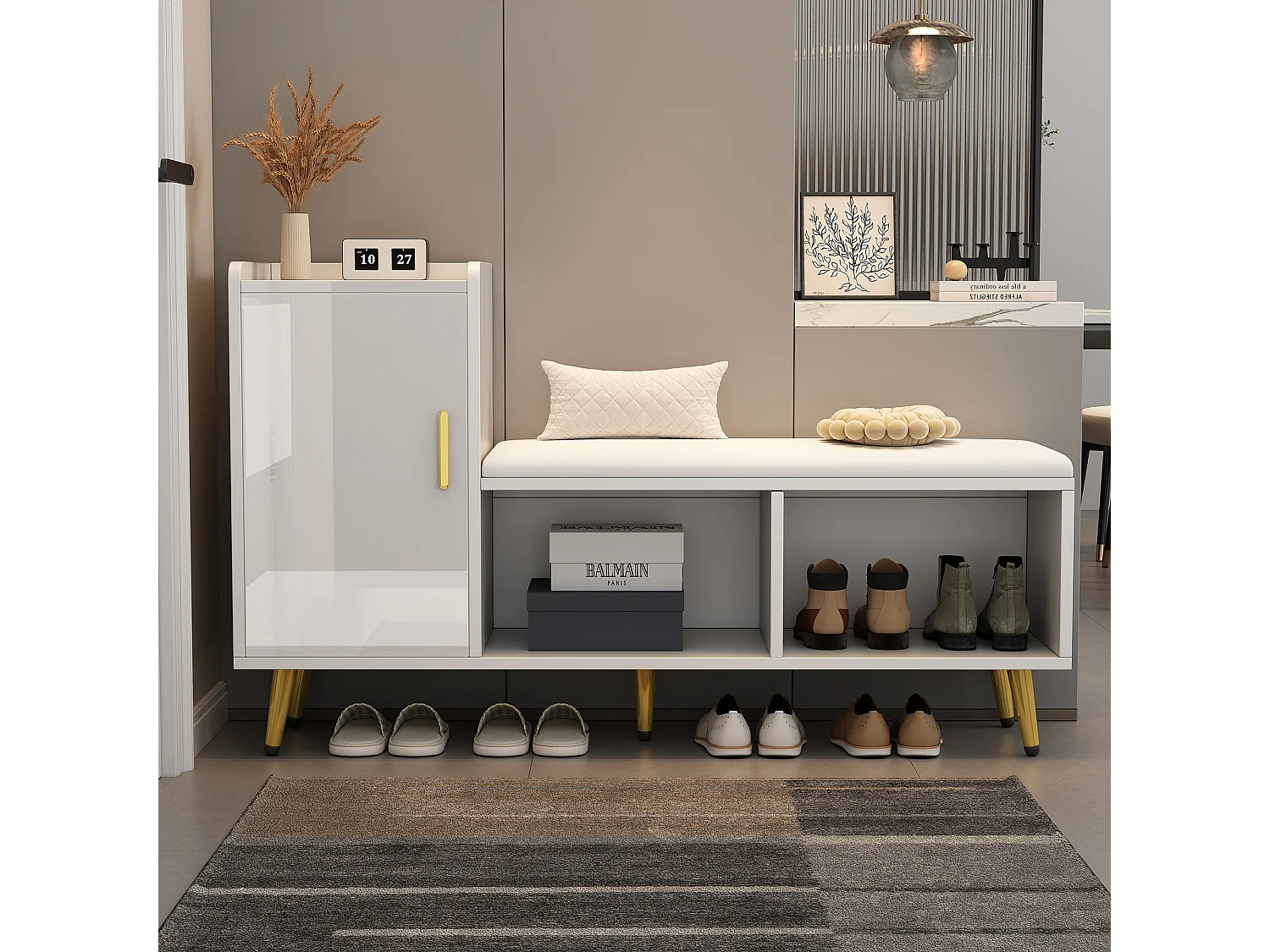 Ławka na buty z 1 drzwiami, 2 wnękami i poduszką - złote metalowe nogi i uchwyty - biała - 120 x 35 x 68,5 cm 3913067 - obrazek 1