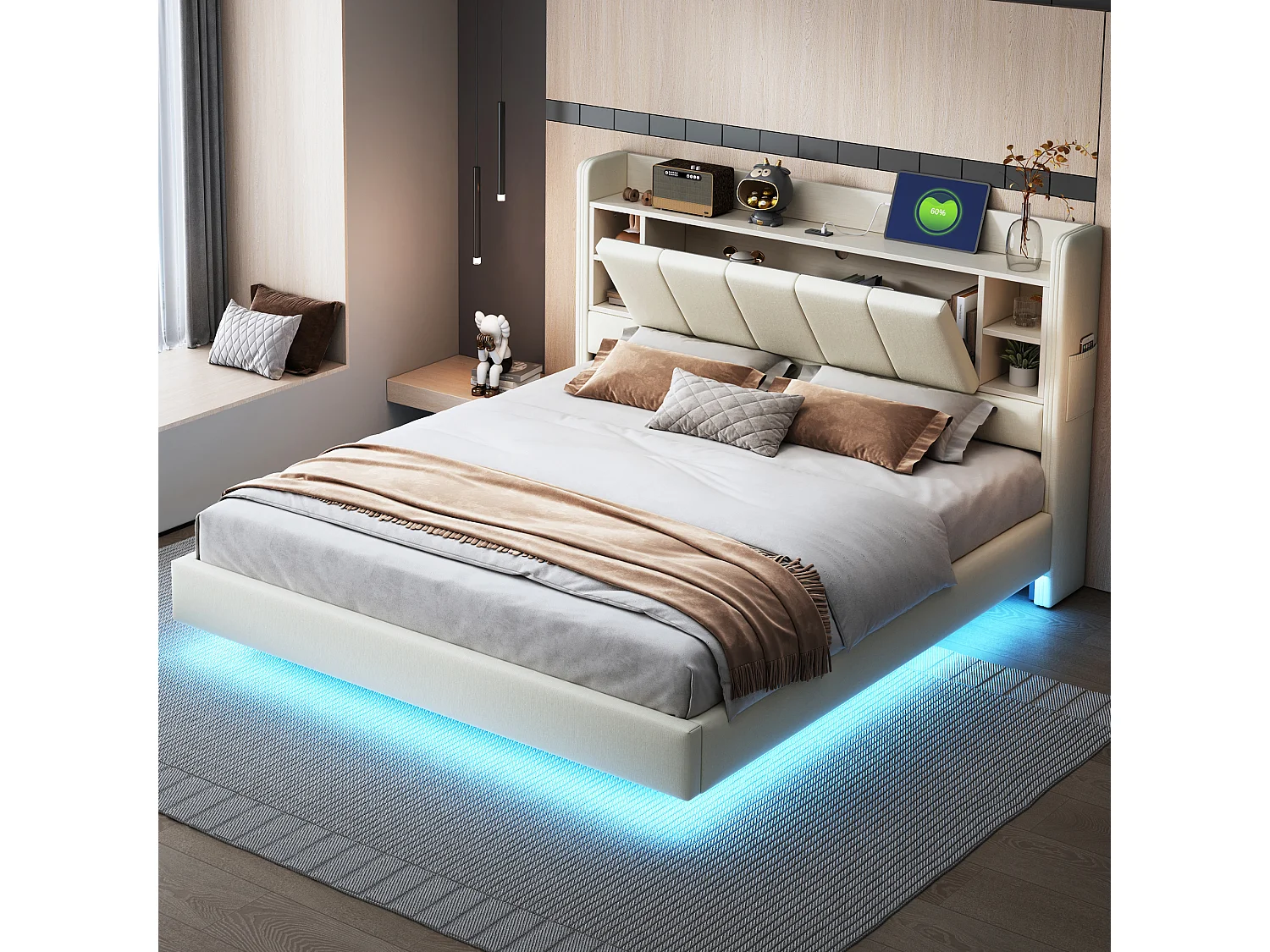 Łóżko tapicerowane 160 x 200 cm z odwracalnym wezgłowiem i miejscem do przechowywania - Port USB i diody LED - Tkanina lniana - Beż 3957593 - obrazek 1