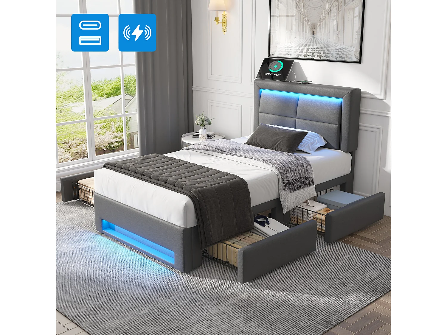 Łóżko tapicerowane 90 x 190 cm z wezgłowiem i 4 szufladami - LED-y i gniazda USB - skóra ekologiczna - Szare (bez materaca) 3957602 - obrazek 1