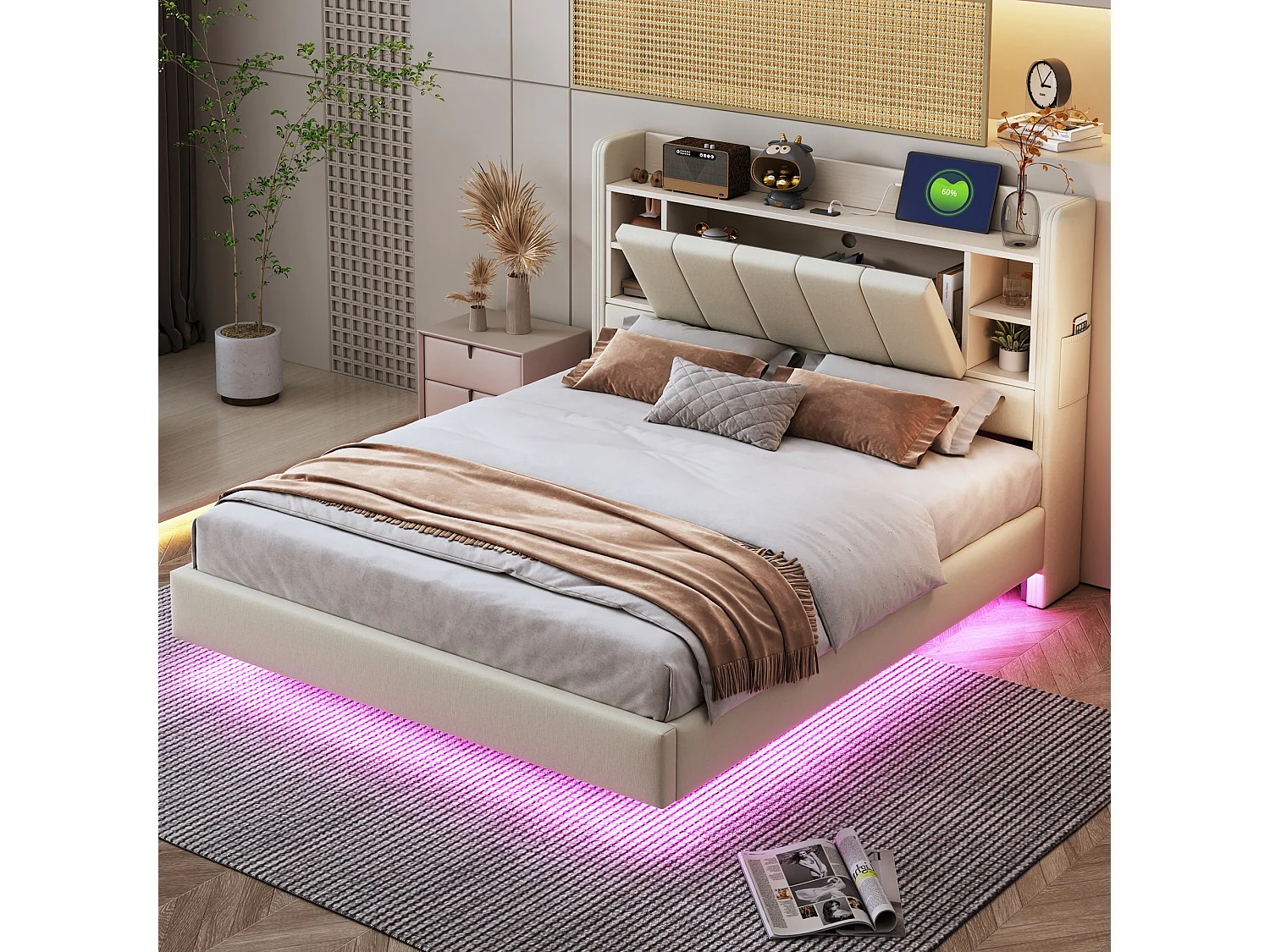 Łóżko tapicerowane 140 x 200 cm z odwracalnym wezgłowiem i miejscem do przechowywania - Port USB i diody LED - Tkanina lniana - Beż 3957594 - obrazek 1