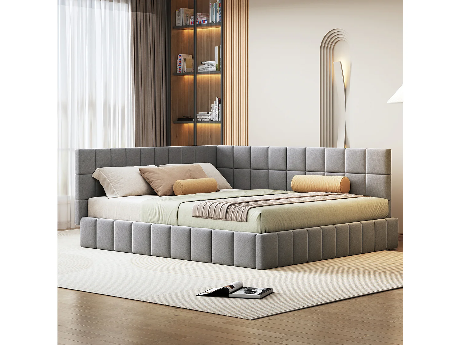 Łóżko tapicerowane 160 x 200 cm, Sofa z funkcją spania z wezgłowiem - Tkanina aksamitna - z listwowym stelażem - Szare 3957605 - obrazek 1