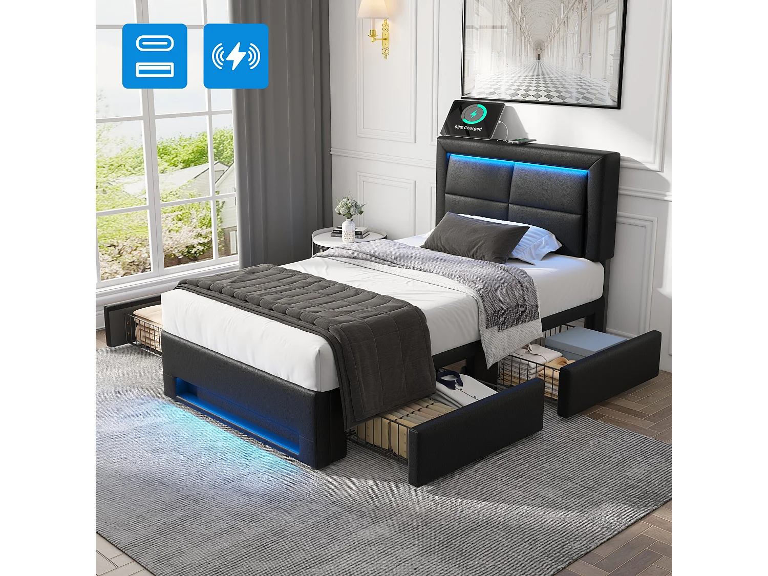 Łóżko tapicerowane 90 x 200 cm z wezgłowiem i 4 szufladami - LED-y i gniazda USB - skóra ekologiczna - czarne (bez materaca) 3957616 - obrazek 1