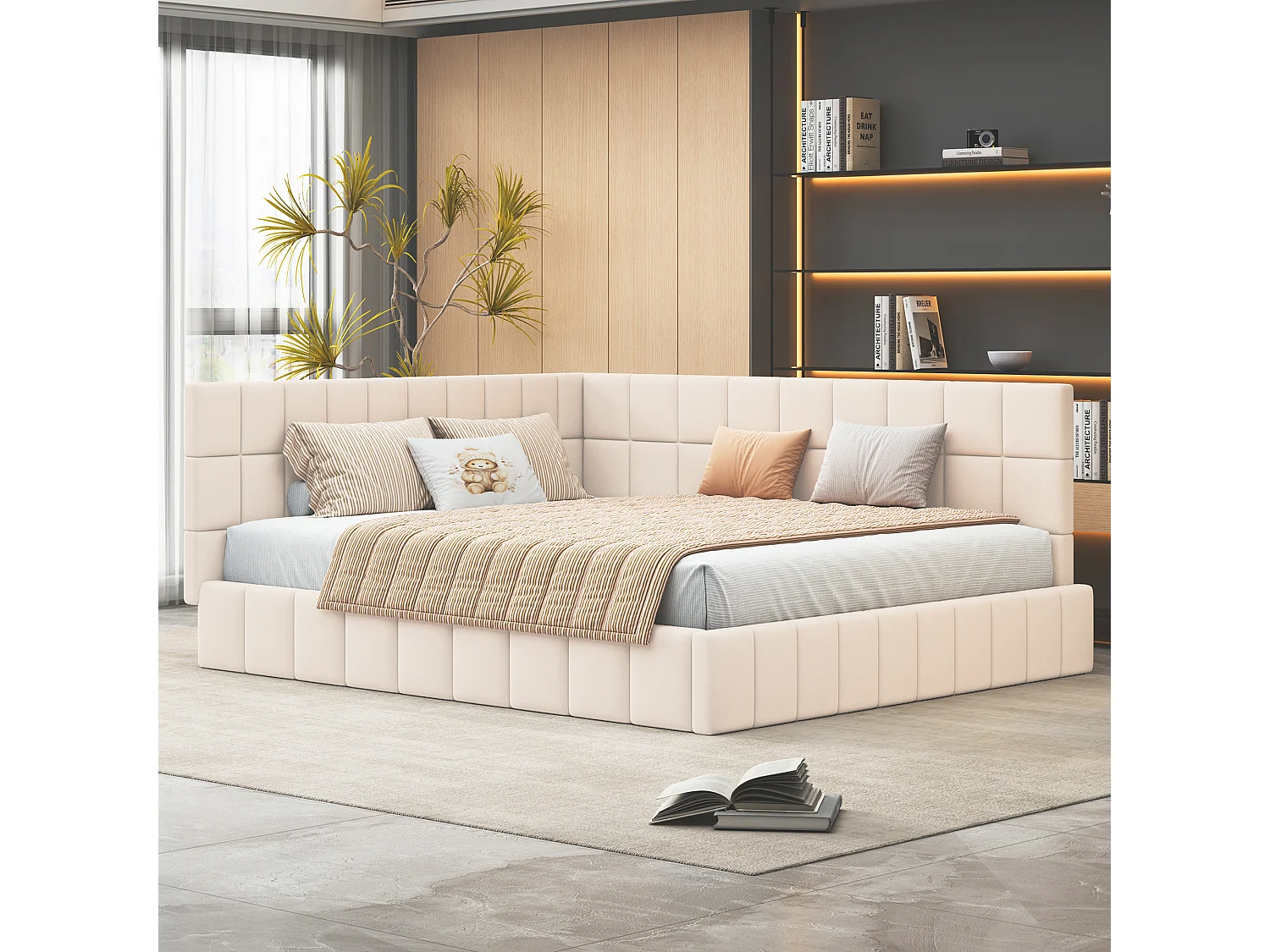 Łóżko tapicerowane 160 x 200 cm, Sofa z funkcją spania z wezgłowiem - Tkanina aksamitna - z listwowym stelażem - Beż 3957611 - obrazek 1