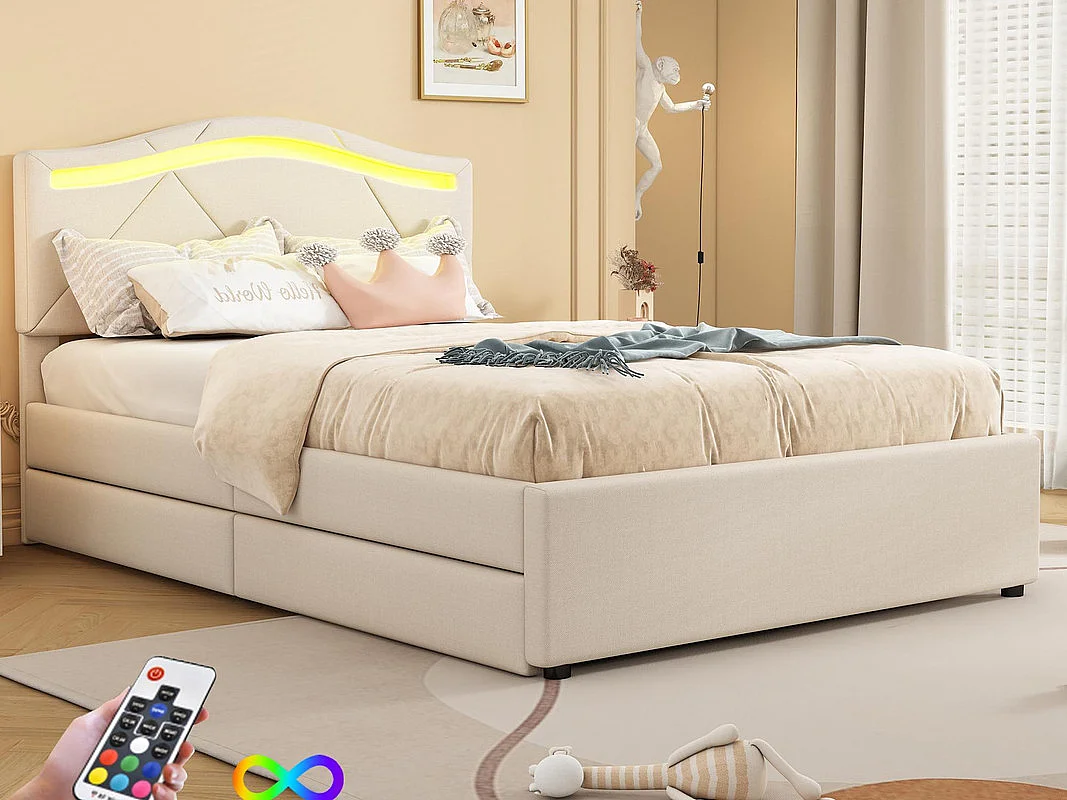 Łóżko tapicerowane 90x200 cm - z oświetleniem LED - z 2 szufladami - len - łóżko z stelażem na listwy - beżowe (materac nie jest w zestawie) 3963977 - obrazek 1