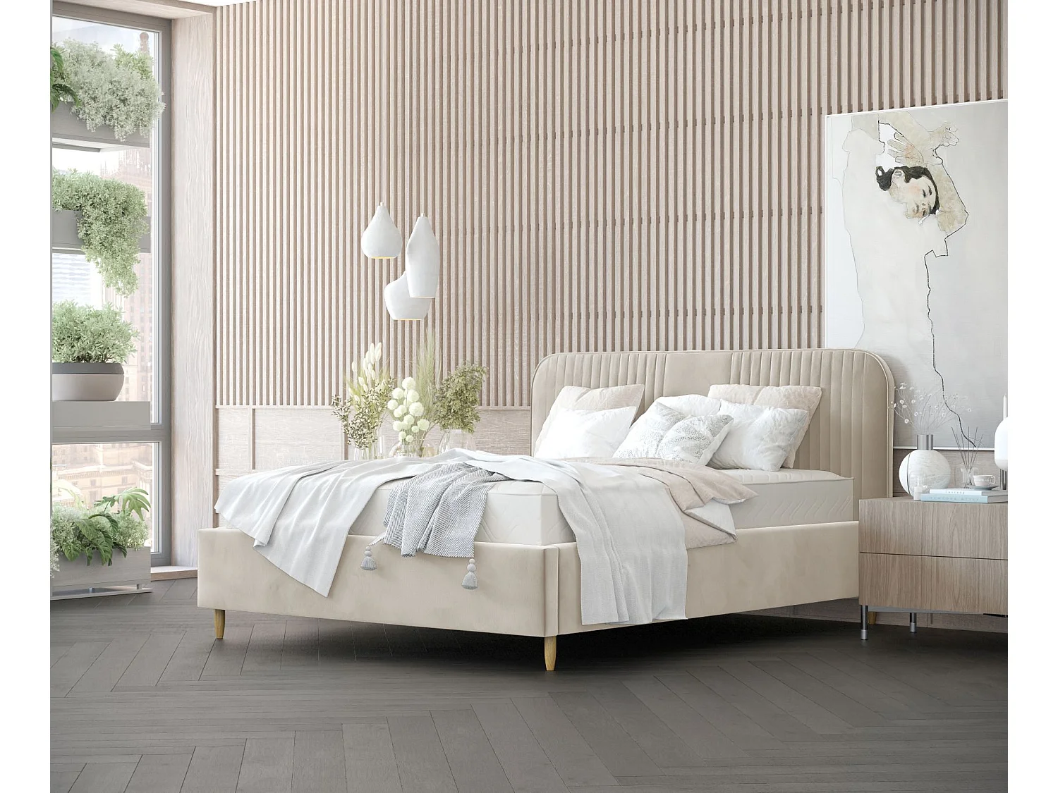 Łóżko tapicerowane Livy - 160 x 200 cm - welwet - kremowy 3982711 - obrazek 1