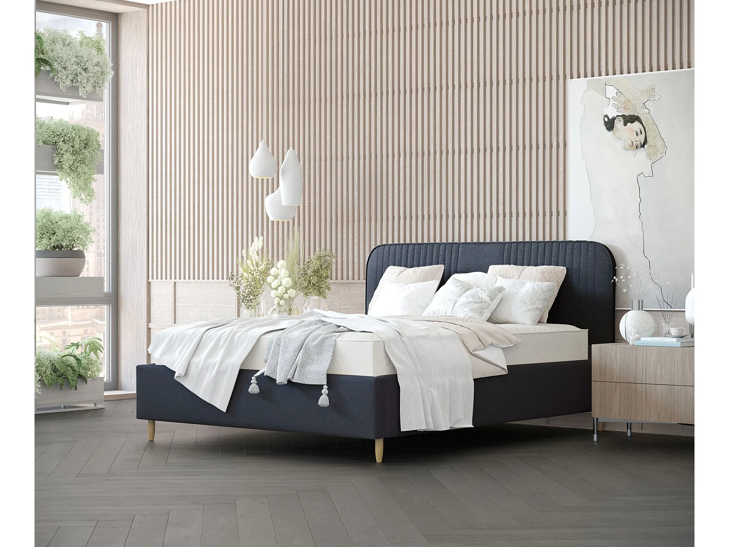 Łóżko tapicerowane Livy – 140 x 200 cm – tkanina pleciona – granatowy 3982750