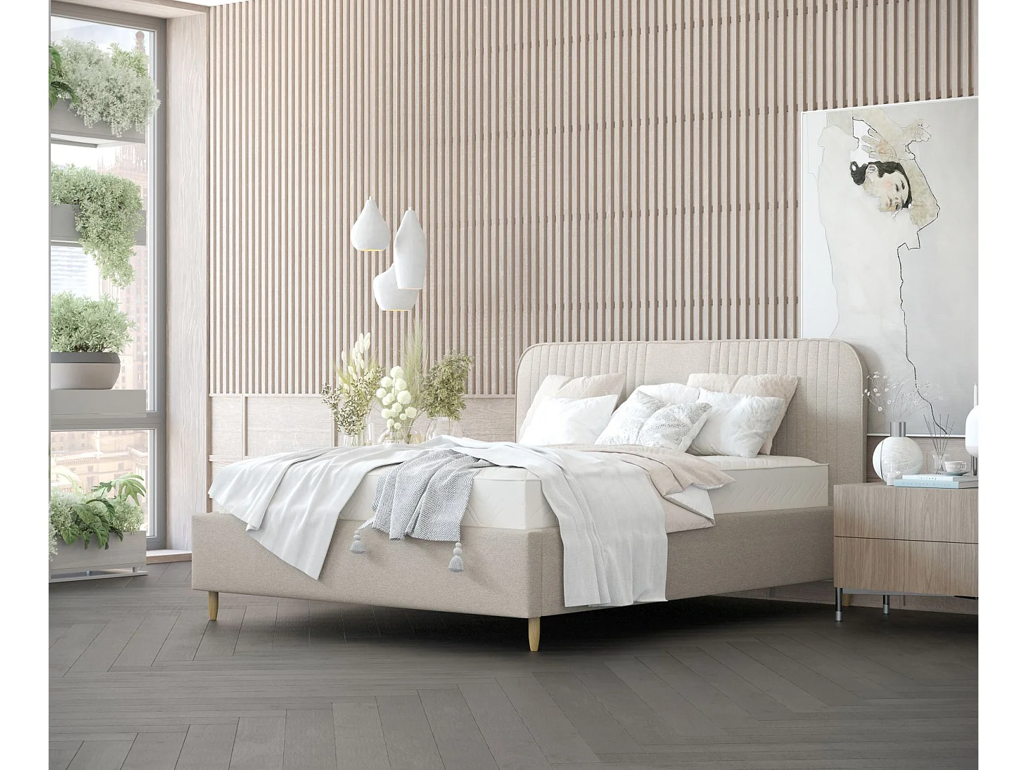Łóżko tapicerowane Livy - 180 x 200 cm - tkanina pleciona - beżowy 3982802 - obrazek 1