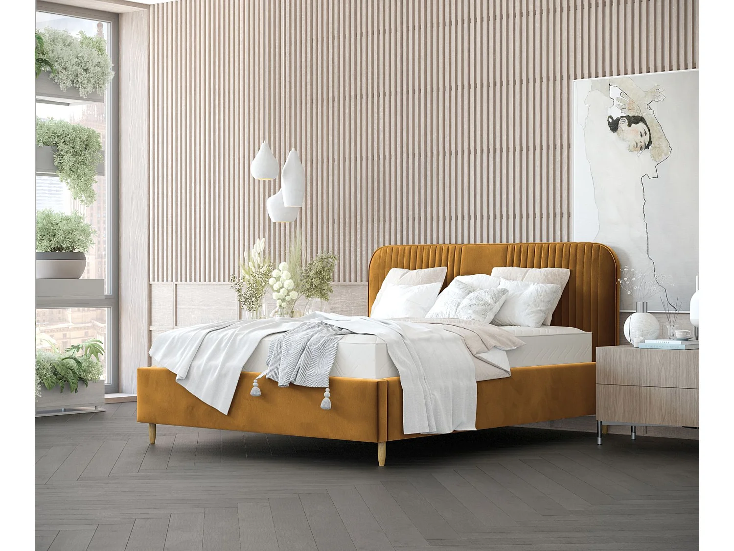 Łóżko tapicerowane Livy – 120 x 200 cm – welwet – musztardowy 3982887