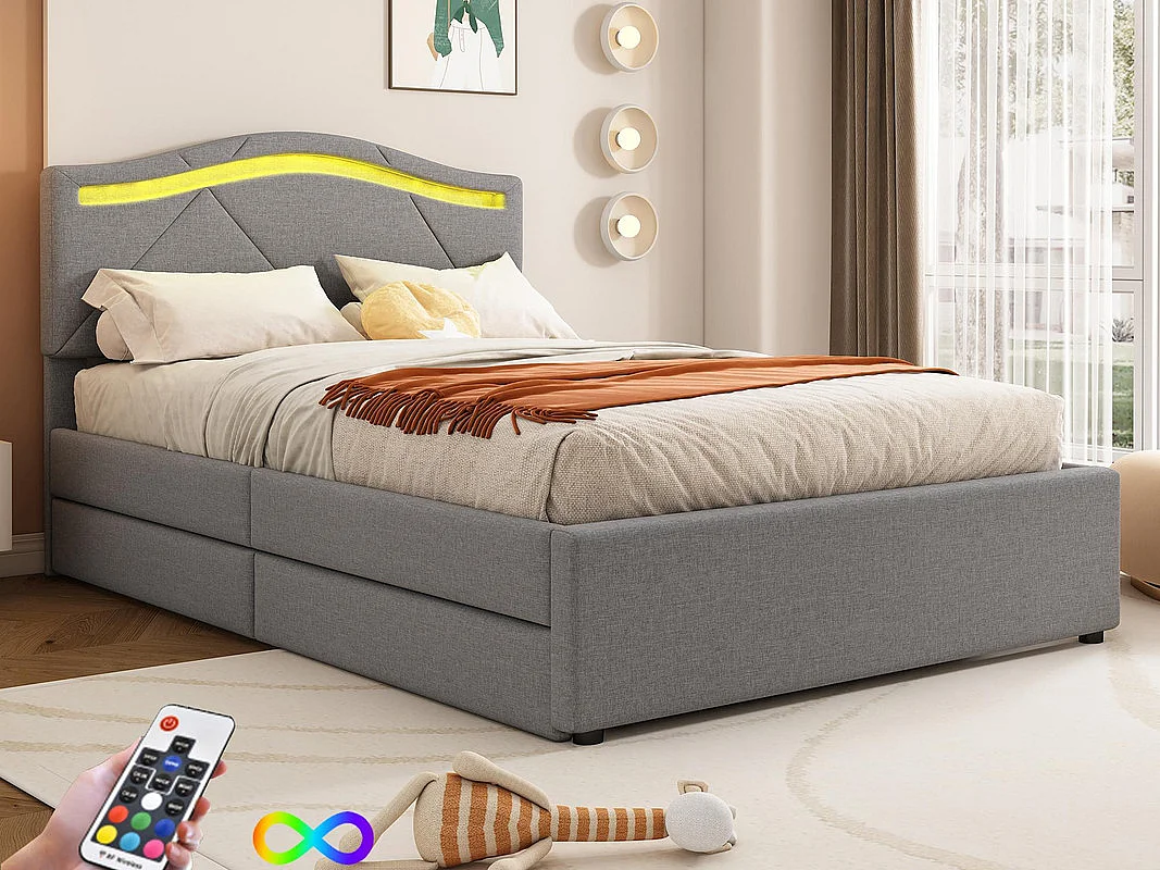 Łóżko tapicerowane 90x200 cm - z oświetleniem LED - z 2 szufladami - len - łóżko z stelażem na listwy - szare (materac nie wchodzi w skład) 3989409 - obrazek 1