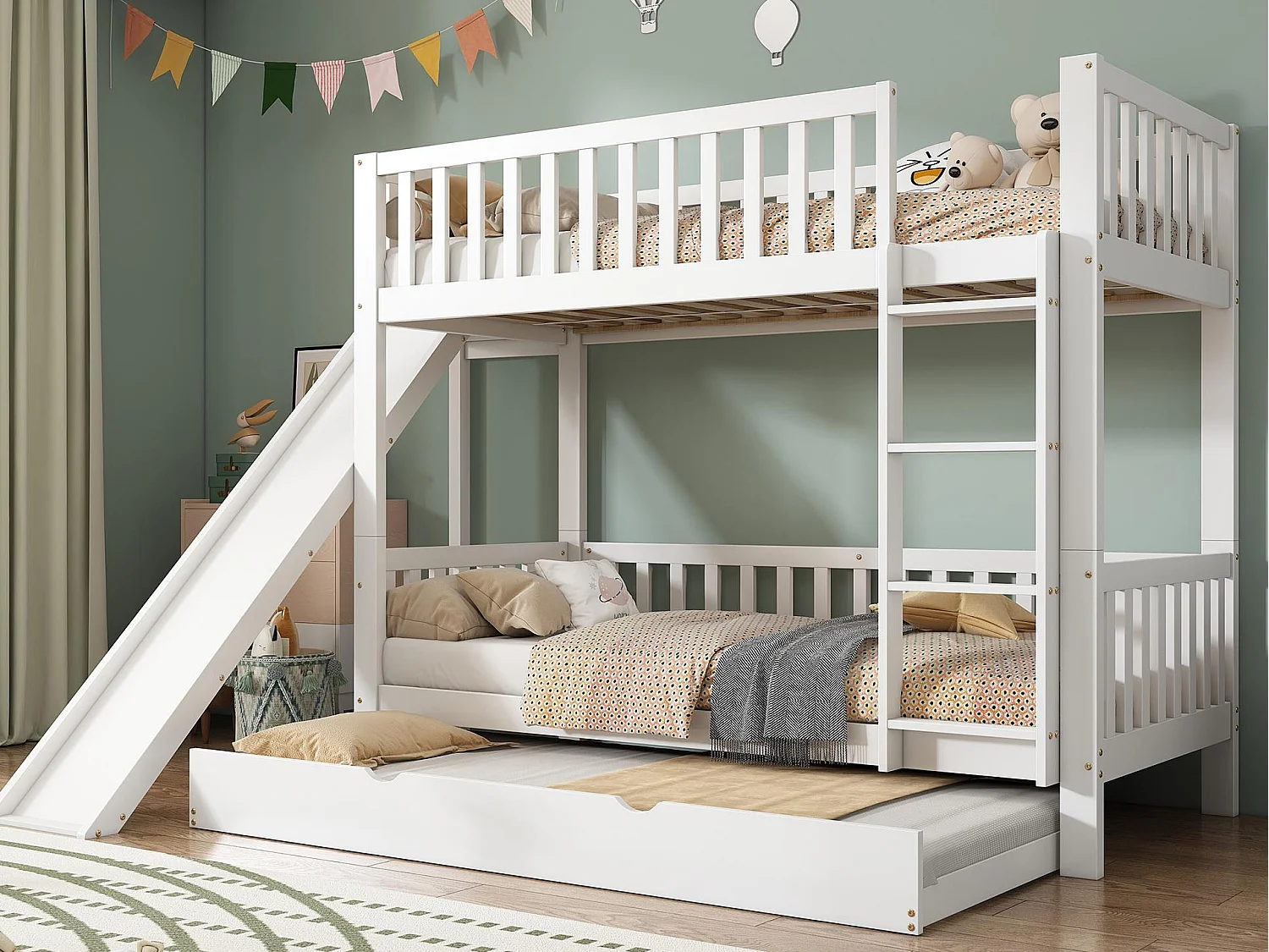 Łóżko piętrowe dla dzieci 90x200/190 cm - z łóżkiem wysuwanym - ze zjeżdżalnią i prostą drabiną 4 stopnie - drewno lite + MDF - białe (bez materaca) 3995713 - obrazek 1