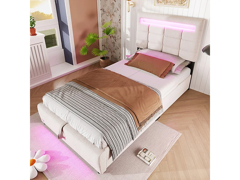 Łóżko tapicerowane 90x200cm - z oświetleniem LED - len - szare (bez materaca) 4008671 - obrazek 1