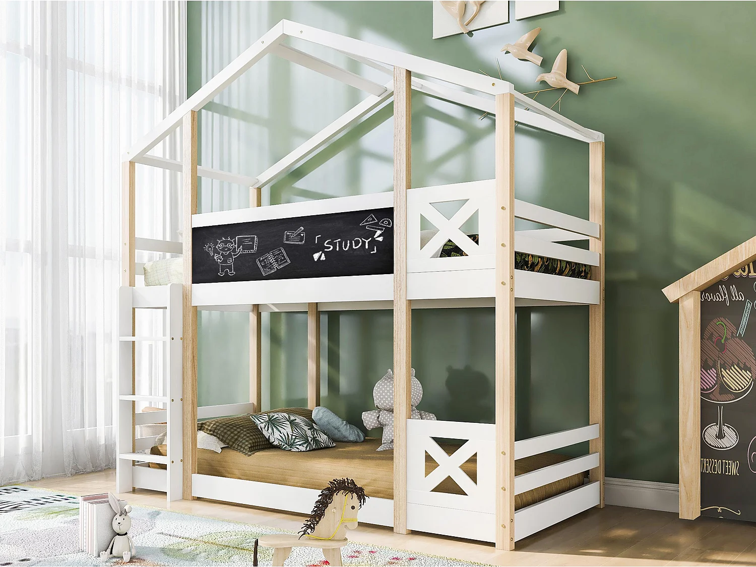 Łóżko piętrowe domek z litego drewna sosnowego z barierkami przeciwupadkowymi + drabinka + tablica czarna - 90x200cm - Naturalny i Biały 1402205 - obrazek 1