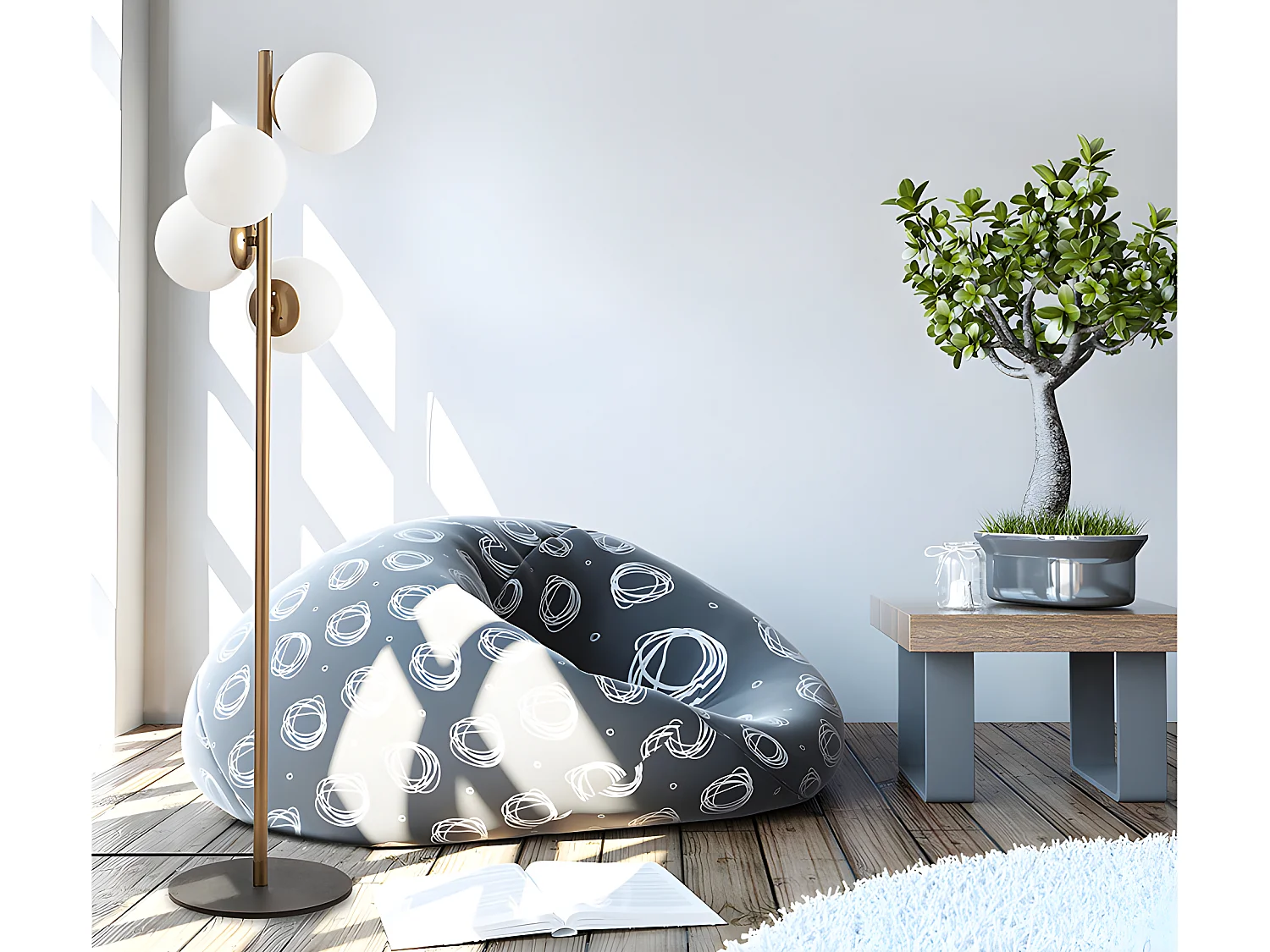 Lampa stojąca FAZE z metalu i szkła, 4 klosze – wysokość 130 cm – kolor złoty i biały 135375 - obrazek 1