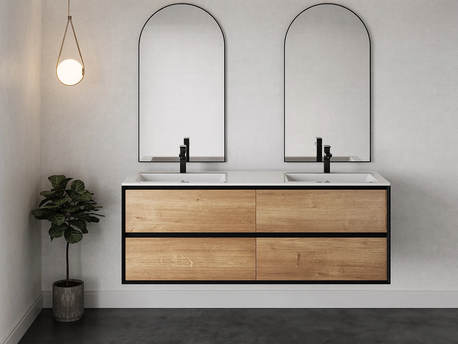 Szafka łazienkowa wisząca z umywalką wpuszczaną w blat – Naturalny jasny i czarny – 150 cm – LANNICK 4009233