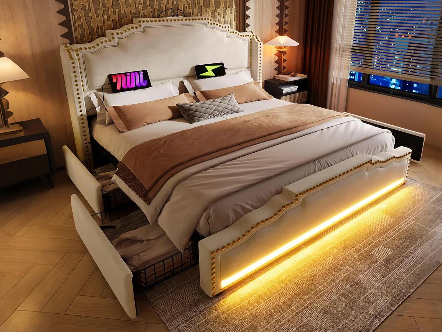 Łóżko podwójne tapicerowane 160x200cm - z 4 szufladami - z LED i portami ładowania - Beżowe 4066990 - obrazek 1