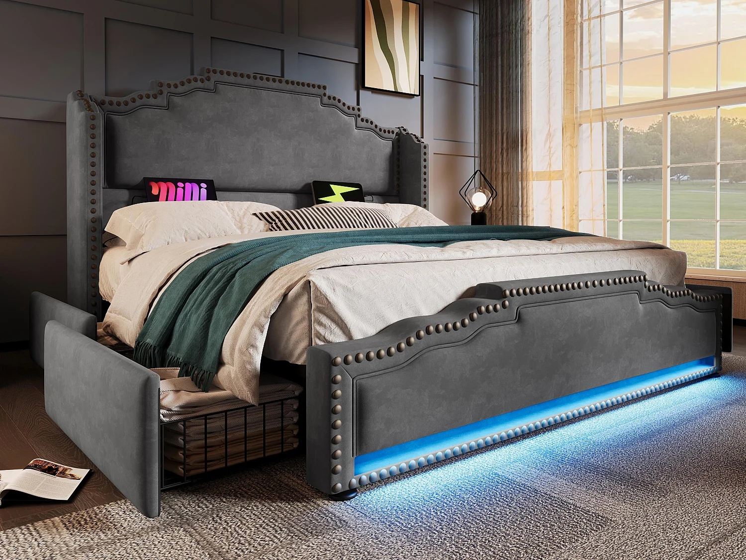 Łóżko podwójne tapicerowane 160x200cm - z 4 szufladami - z LED i portami ładowania - Szare 4066997 - obrazek 1