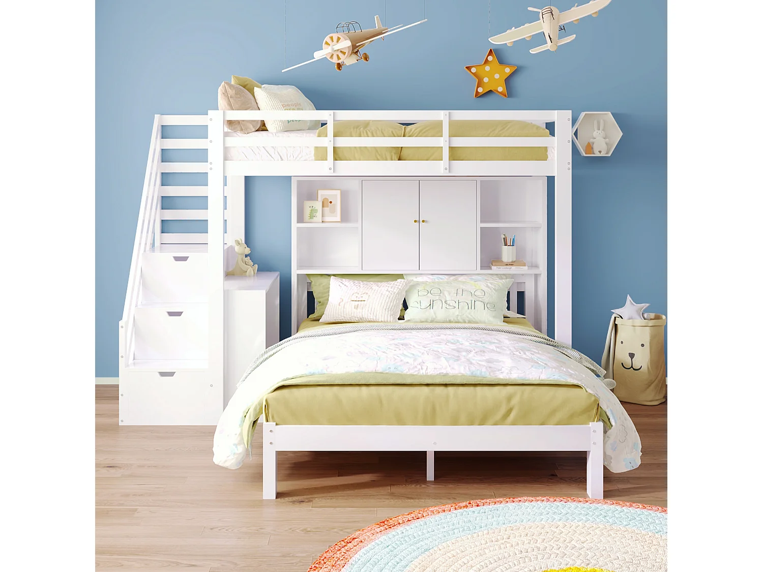 Łóżko piętrowe dla dzieci z półką do przechowywania - 90 x 200 cm + 140 x 200 cm - schody i wyjmowany stolik nocny - lite drewno + MDF - białe 4073872 - obrazek 1