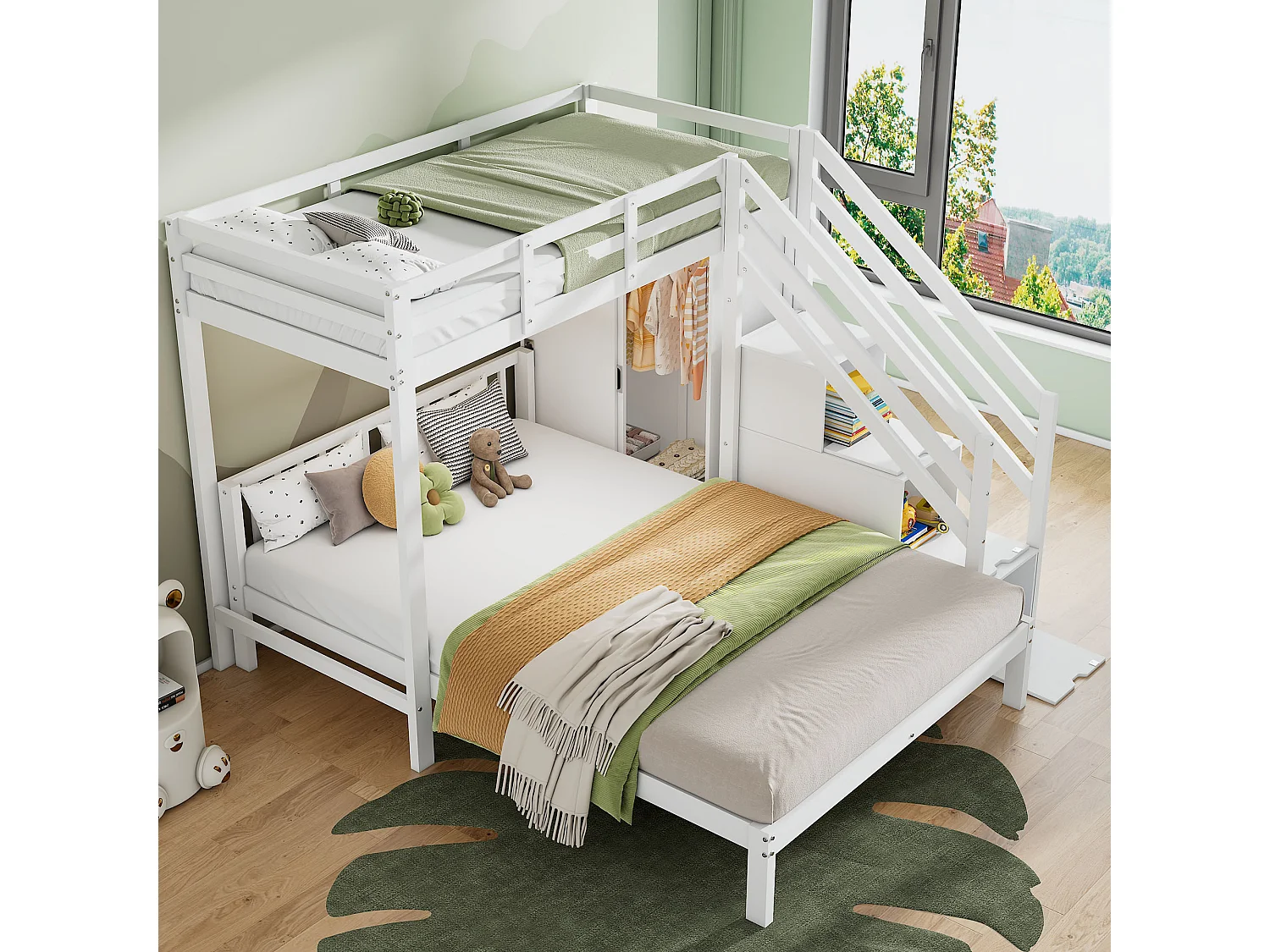Łóżko piętrowe dla dzieci z szafą - 90 x 200 cm + 140 x 200 cm - ze schodkami do przechowywania - lite drewno + MDF - bez materaca - białe 4073887 - obrazek 1