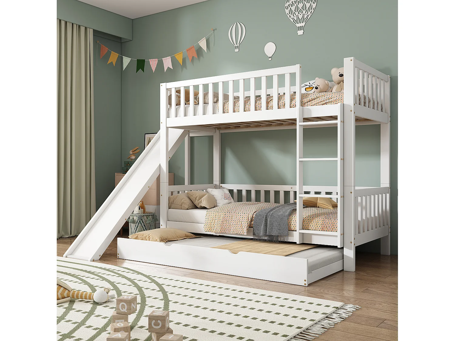 Łóżko piętrowe dla dzieci z łóżkiem wysuwanym - 90 x 200 cm - z barierką i zjeżdżalnią - sosna + MDF - białe 4073876 - obrazek 1