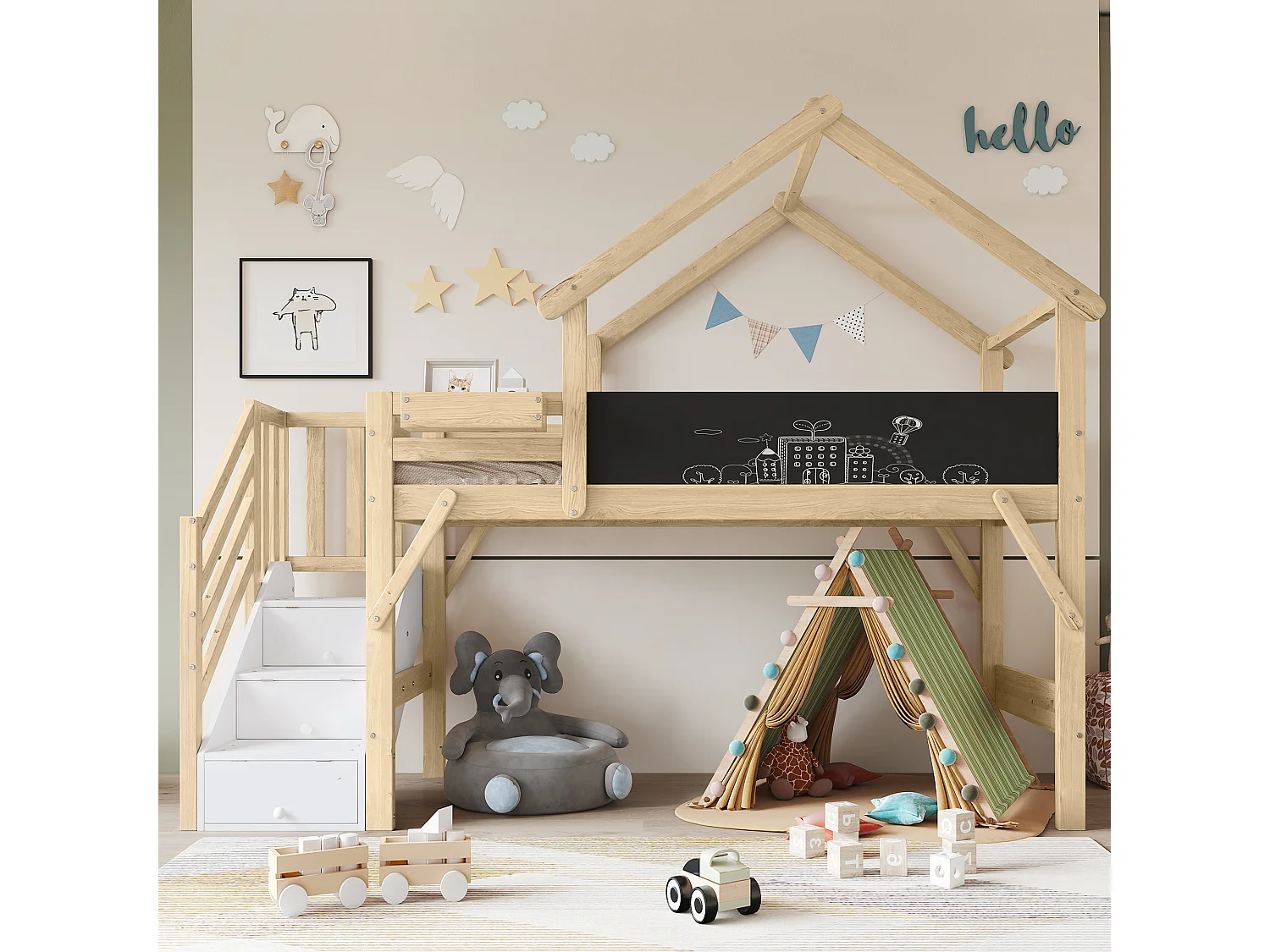 Łóżko piętrowe dla dzieci z pojemnikiem - 90 x 200 cm - z 3 schowkami w schodach - sosna + MDF - białe 4073892 - obrazek 1