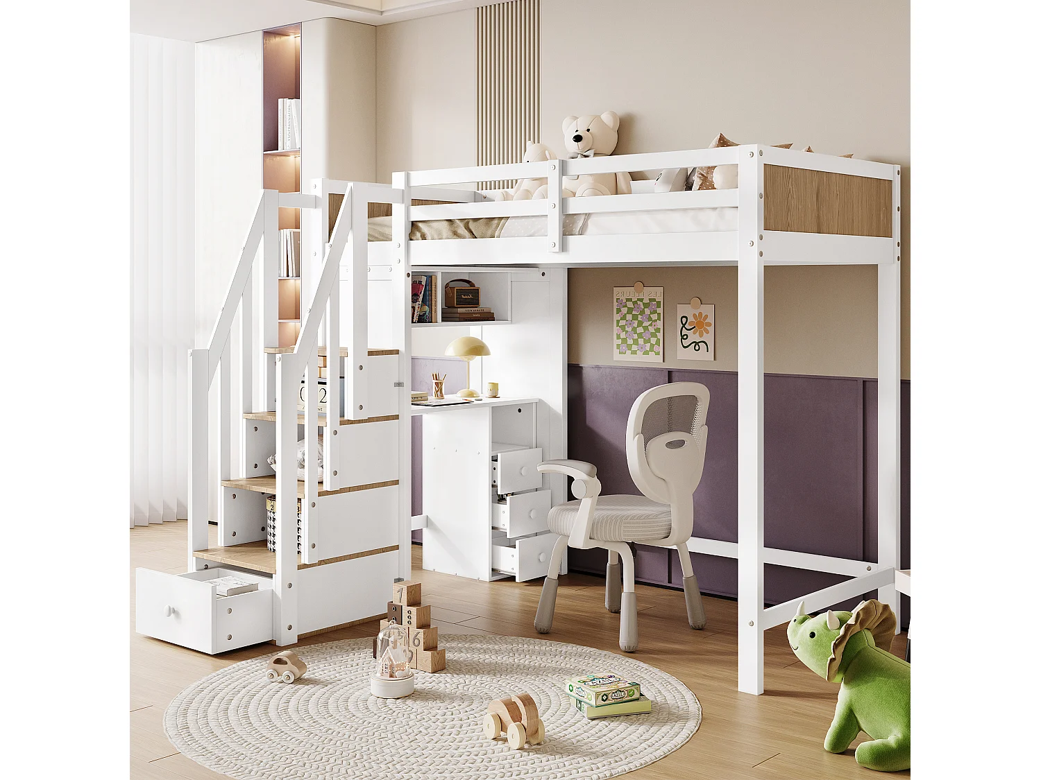 Łóżko piętrowe dla dzieci z barierką bezpieczeństwa - 90 x 200 cm - z biurkiem z 3 szufladami - sosna + MDF - biały + naturalny 4073890 - obrazek 1