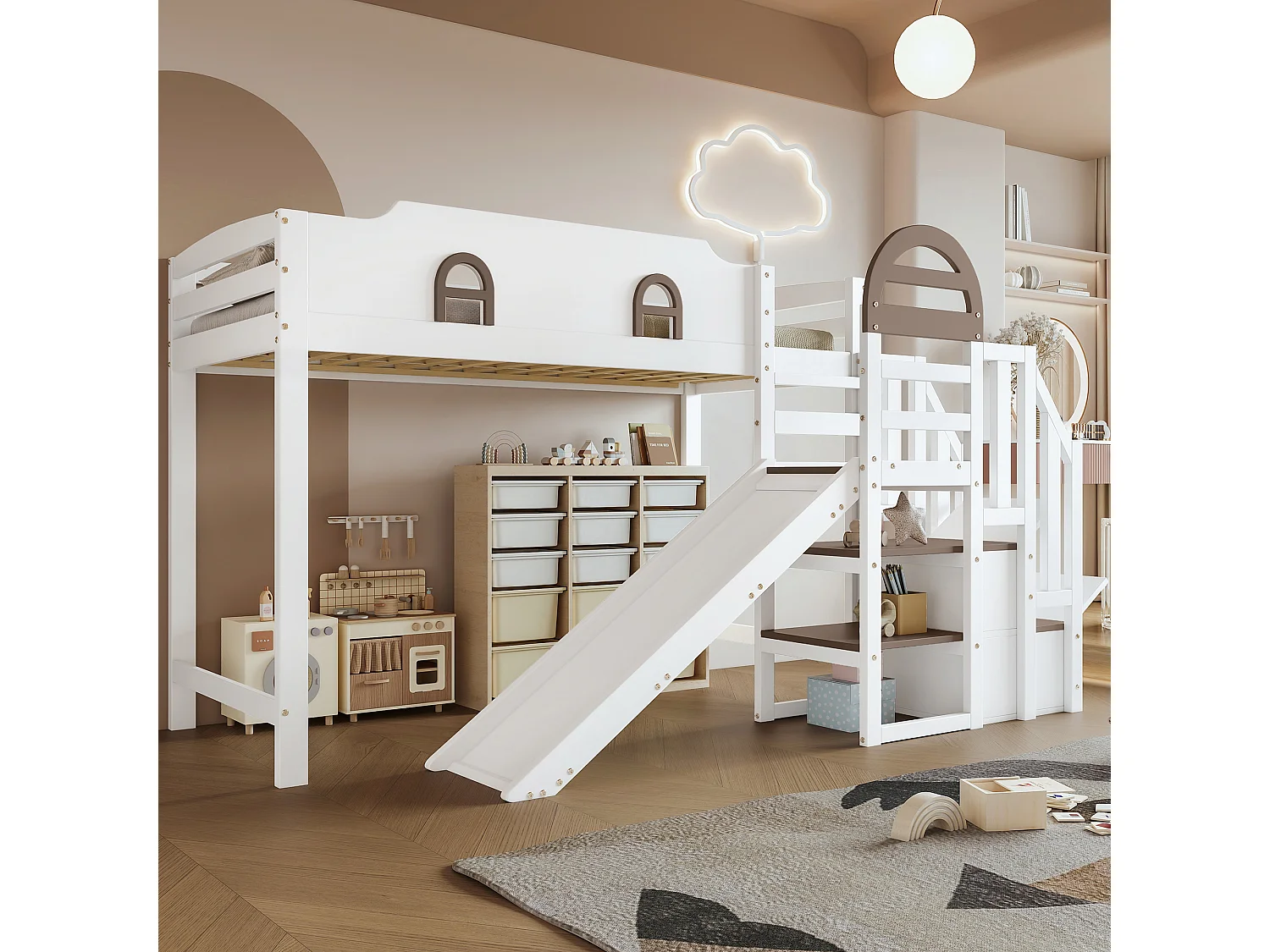 Łóżko piętrowe dla dzieci z pojemnikiem - 90 x 200 cm - ze zjeżdżalnią i schodami - z 2 szafkami i okienkiem - sosna + MDF - biały + brązowy 4073891 - obrazek 1