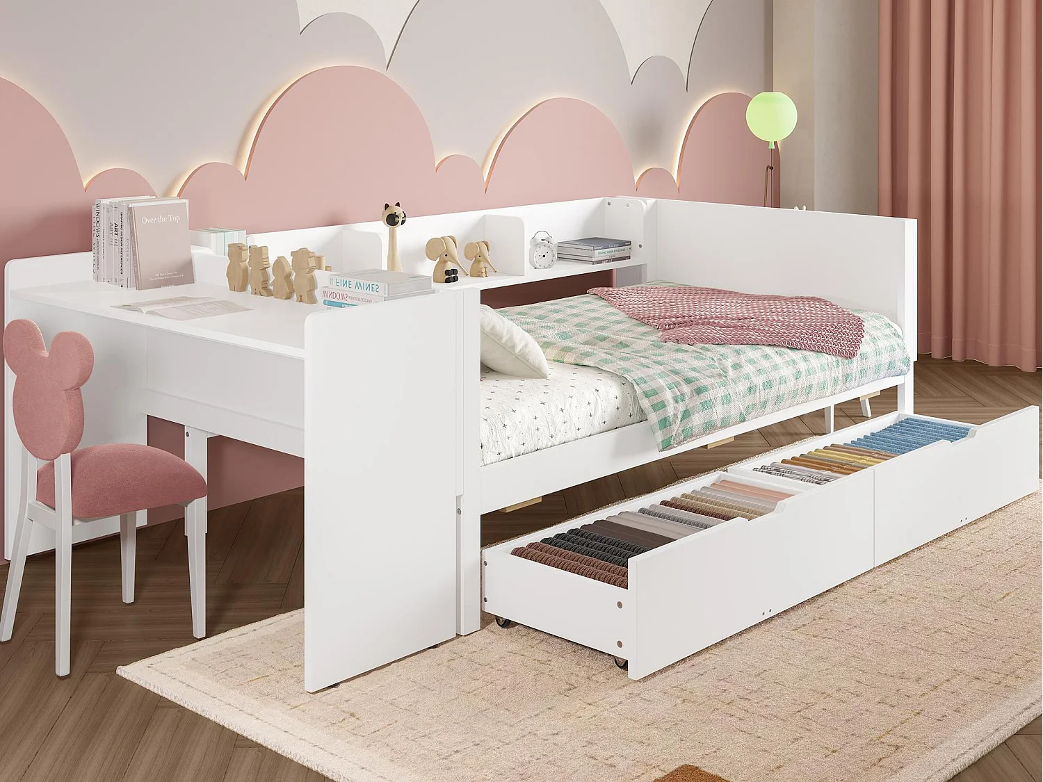 Łóżko proste dla dziecka 90x200 cm - z biurkiem - z 2 szufladami - z półkami - drewno lite - białe (bez materaca) 4031832 - obrazek 1