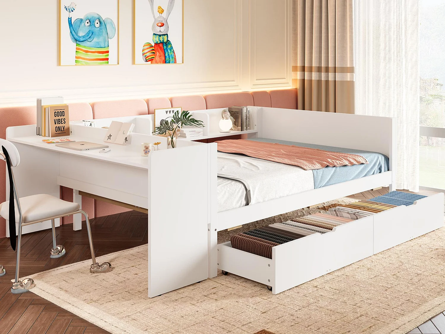 Łóżko proste dla dziecka 140x200 cm - z biurkiem - z 2 szufladami - z półkami - drewno lite - białe (bez materaca) 4031831 - obrazek 1