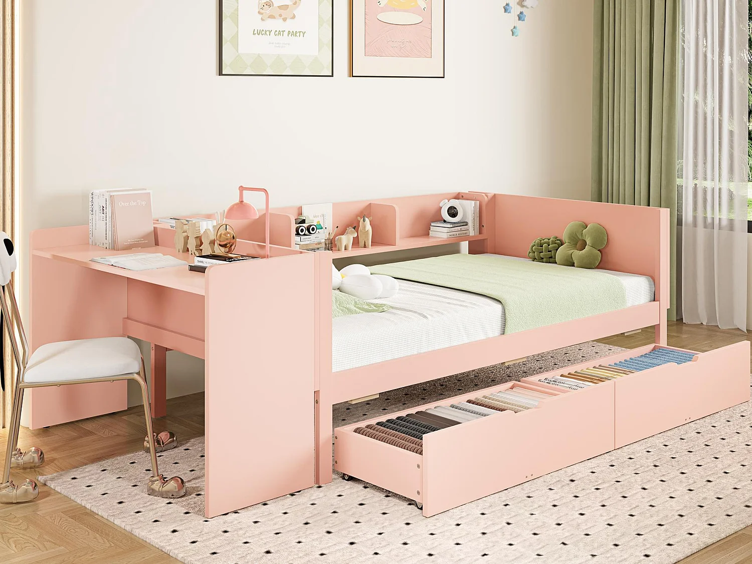 Łóżko proste dla dziecka 90x200 cm - z biurkiem - z 2 szufladami - z półkami - drewno lite - różowe (bez materaca) 4031843 - obrazek 1
