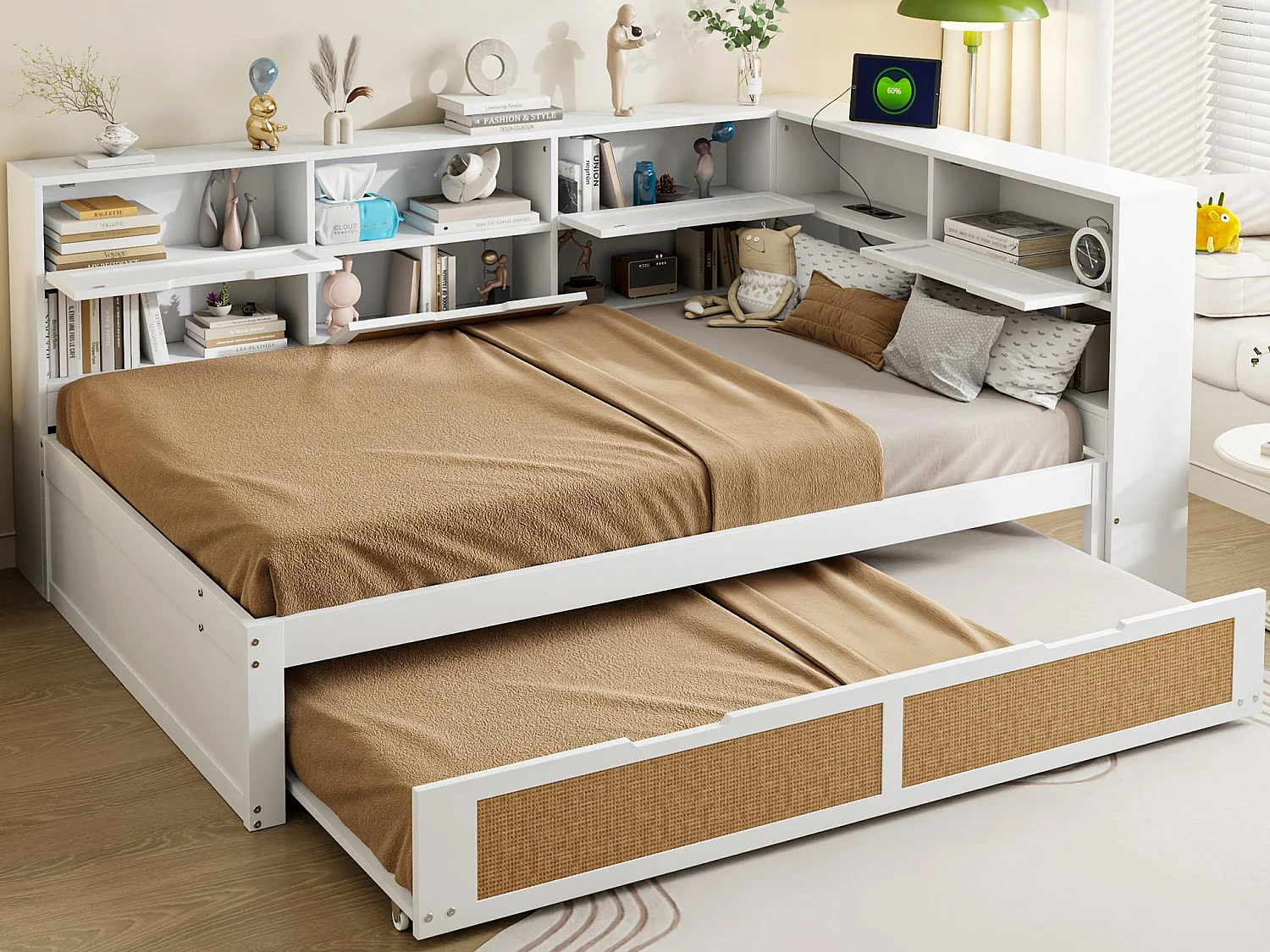 Łóżko-sofa z litego drewna 140x200cm - Z łóżkiem wysuwanym - Z wieloma schowkami - Z portem ładowania - Białe (bez materaca) 4008791 - obrazek 1