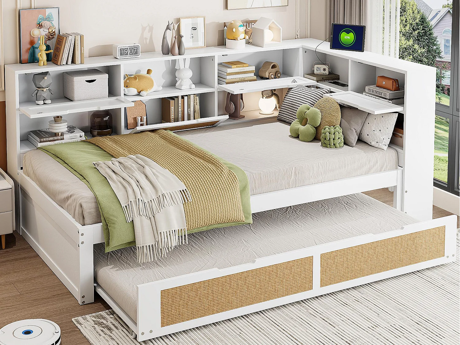 Łóżko-sofa z litego drewna 90x200cm - Z łóżkiem wysuwanym - Z wieloma schowkami - Z portem ładowania - Białe (bez materaca) 4008793 - obrazek 1