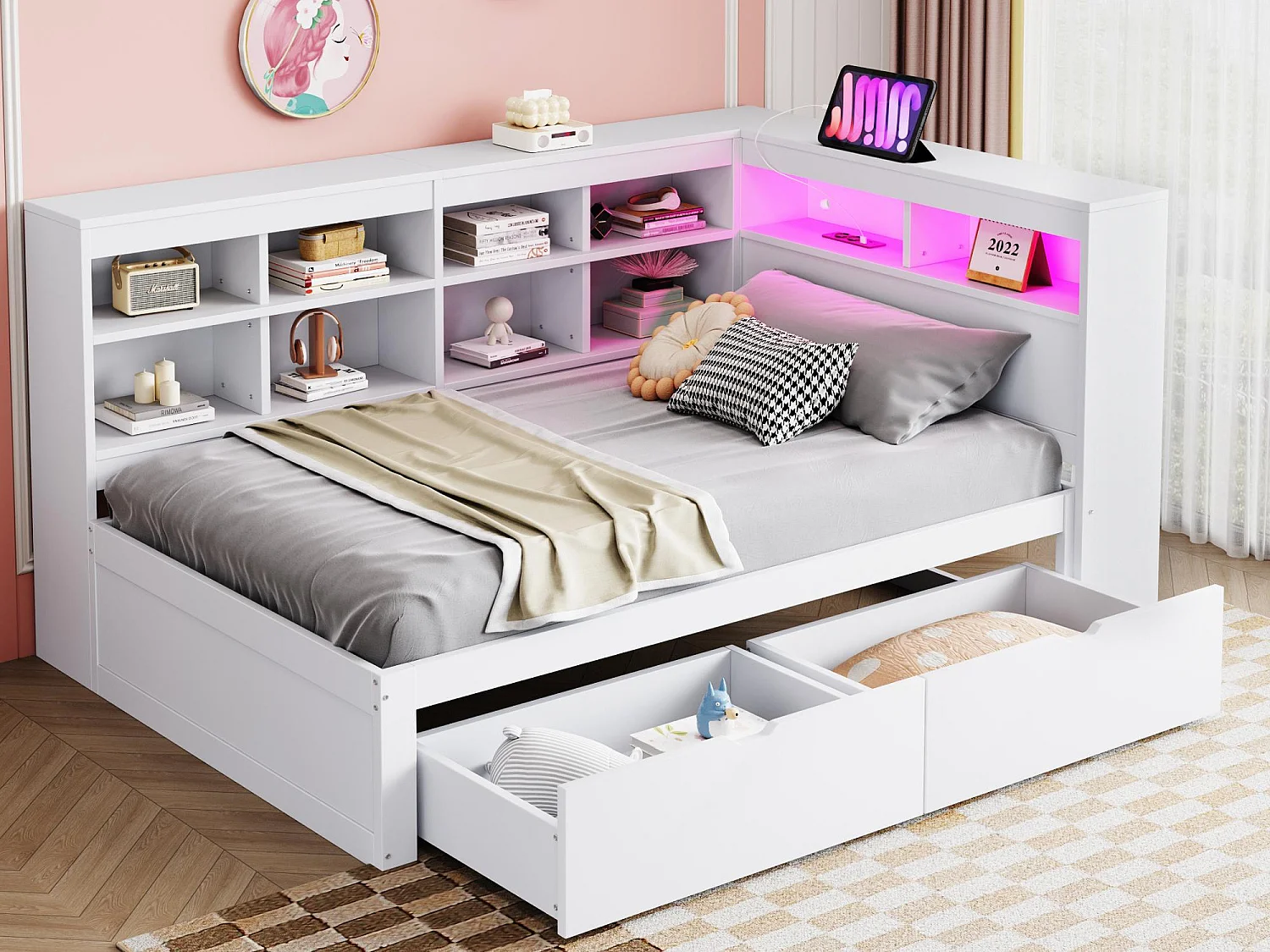 Łóżko-sofa z litego drewna 90 x 200 cm - z schowkiem - z USB - z oświetleniem LED + z gniazdkiem - białe (bez materaca) 4031853 - obrazek 1