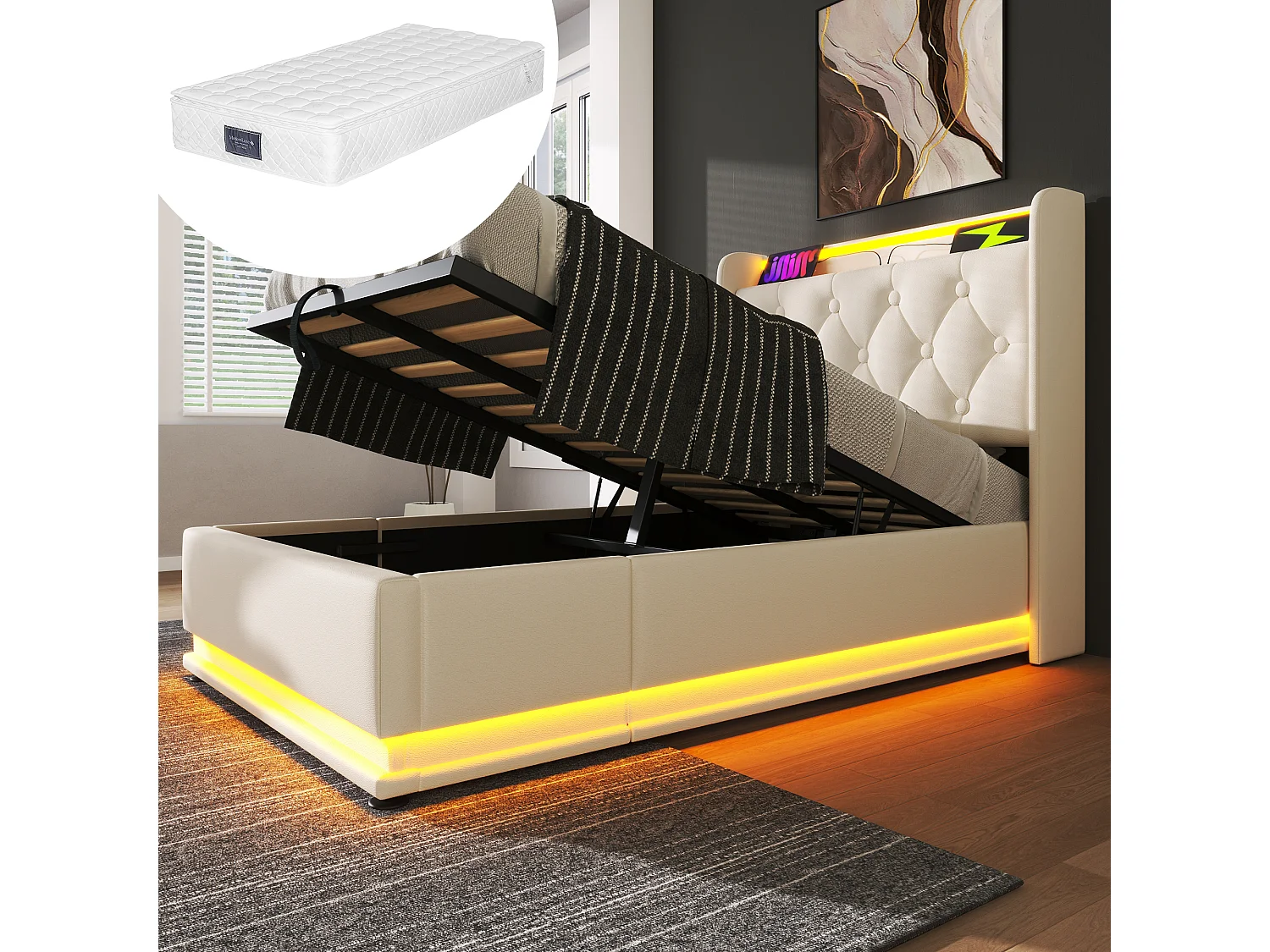 Łóżko tapicerowane dziecięce ze schowkiem - 90 x 200 cm - Materac + Leds + Zagłówek z USB - Skóra ekologiczna - Biały 4080315 - obrazek 1