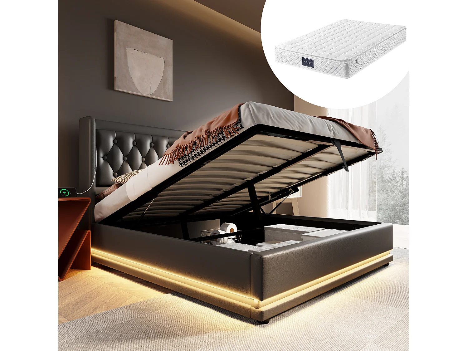 Łóżko tapicerowane podwójne ze schowkiem - 160 x 200 cm - Materac + Leds + Zagłówek z USB - Skóra PU - Czarny 4080319 - obrazek 1