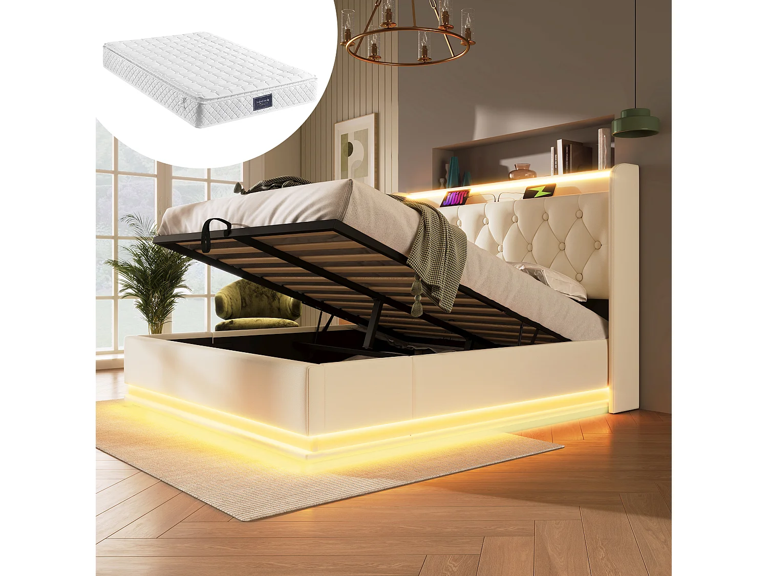 Łóżko tapicerowane podwójne ze schowkiem - 140 x 200 cm - Materac + Leds + Zagłówek z USB - Skóra PU - Biały 4080320 - obrazek 1