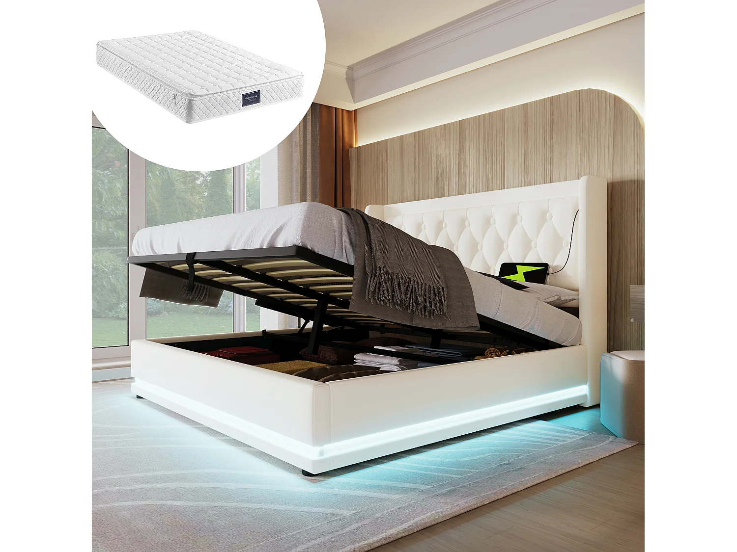 Łóżko tapicerowane podwójne ze schowkiem - 160 x 200 cm - Materac + Leds + Zagłówek z USB - Skóra PU - Biały 4080322 - obrazek 1