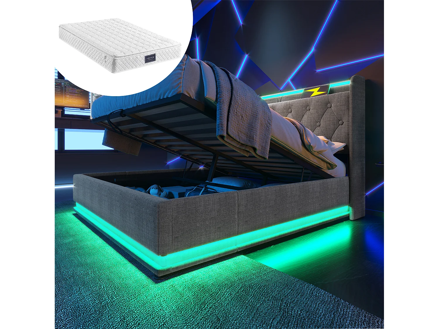Łóżko tapicerowane dwuosobowe ze schowkiem - 160 x 200 cm - Materac + Leds + Zagłówek z USB - Tkanina lniana - Szary 4080323 - obrazek 1