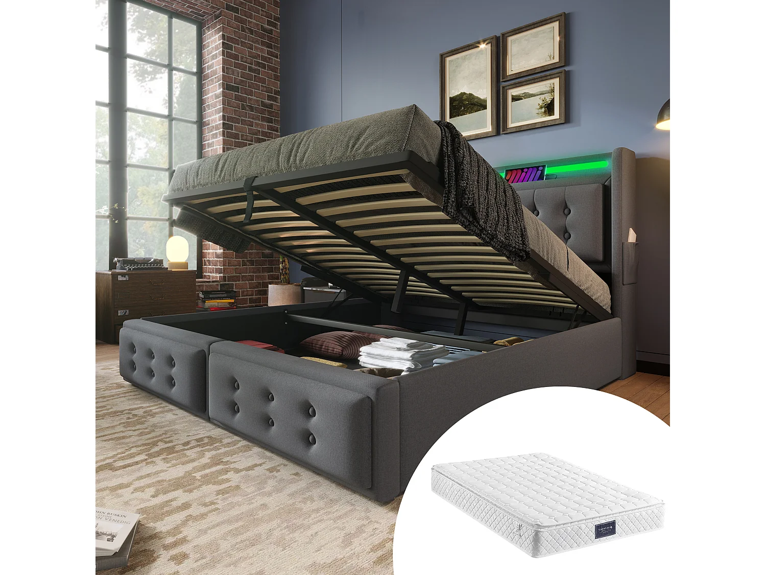 Łóżko tapicerowane dwuosobowe ze schowkiem - 160 x 200 cm - Materac + Leds + Zagłówek z USB - Drewno lite i bawełna - Szary 4080321 - obrazek 1