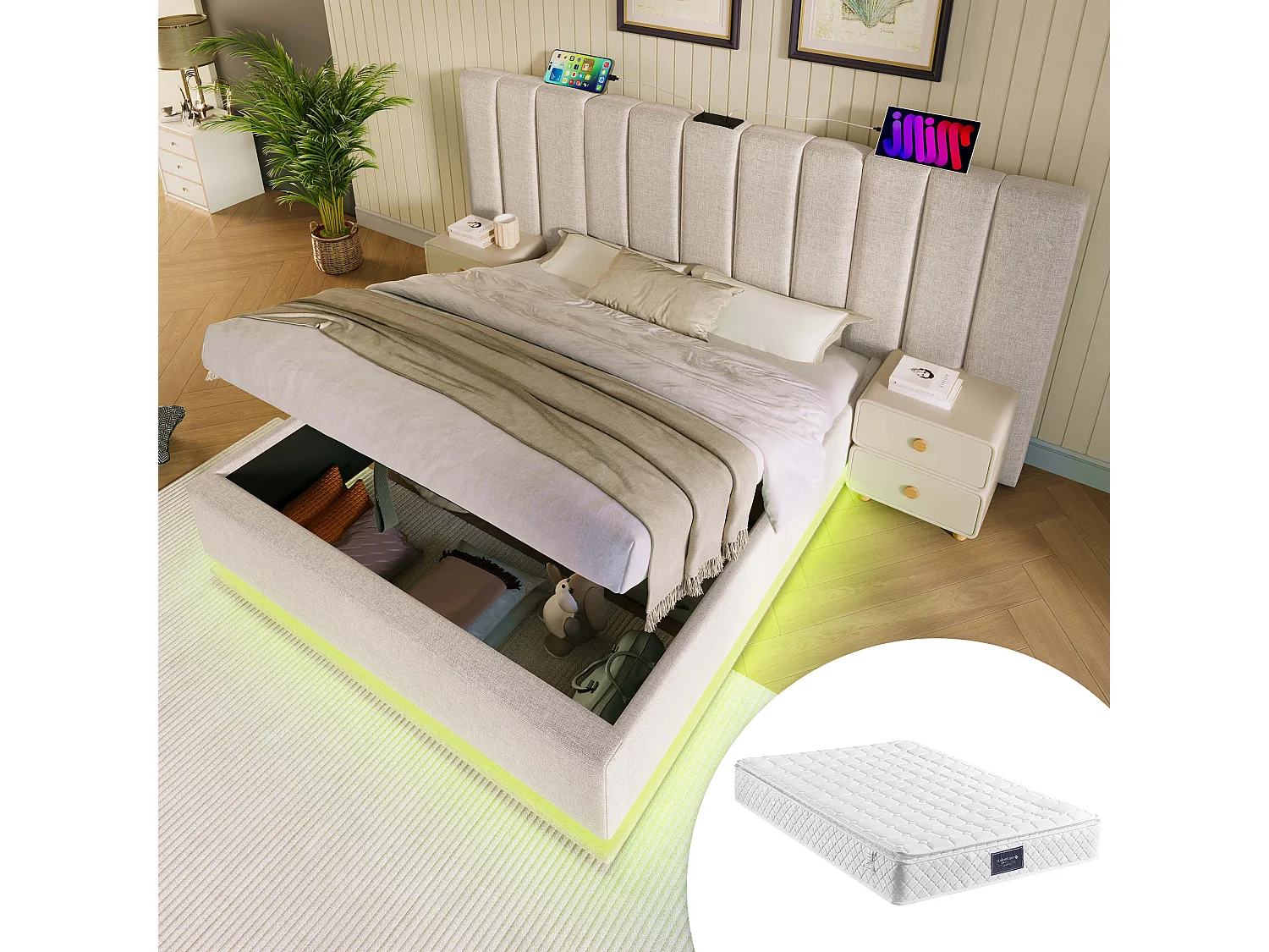 Łóżko tapicerowane dwuosobowe ze schowkiem – 160 x 200 cm – zagłówek + materac – Leds + USB – lite drewno i tkanina lniana – beżowe 4080326