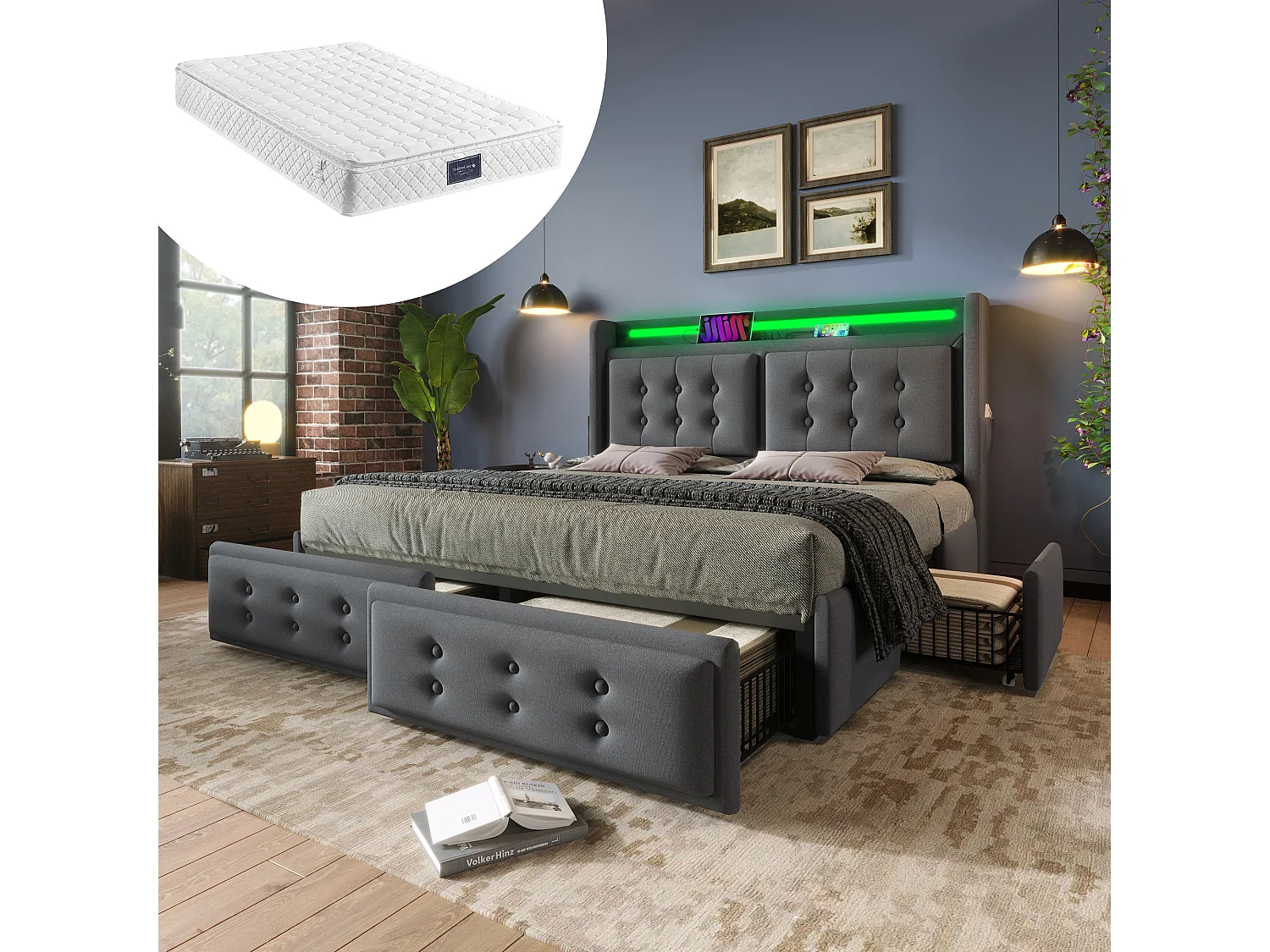 Łóżko tapicerowane z pojemnikiem na pościel - 140 x 200 cm - Materac + Leds + 4 szuflady + Zagłówek z USB - Tkanina bawełniana - Szary 4080334 - obrazek 1