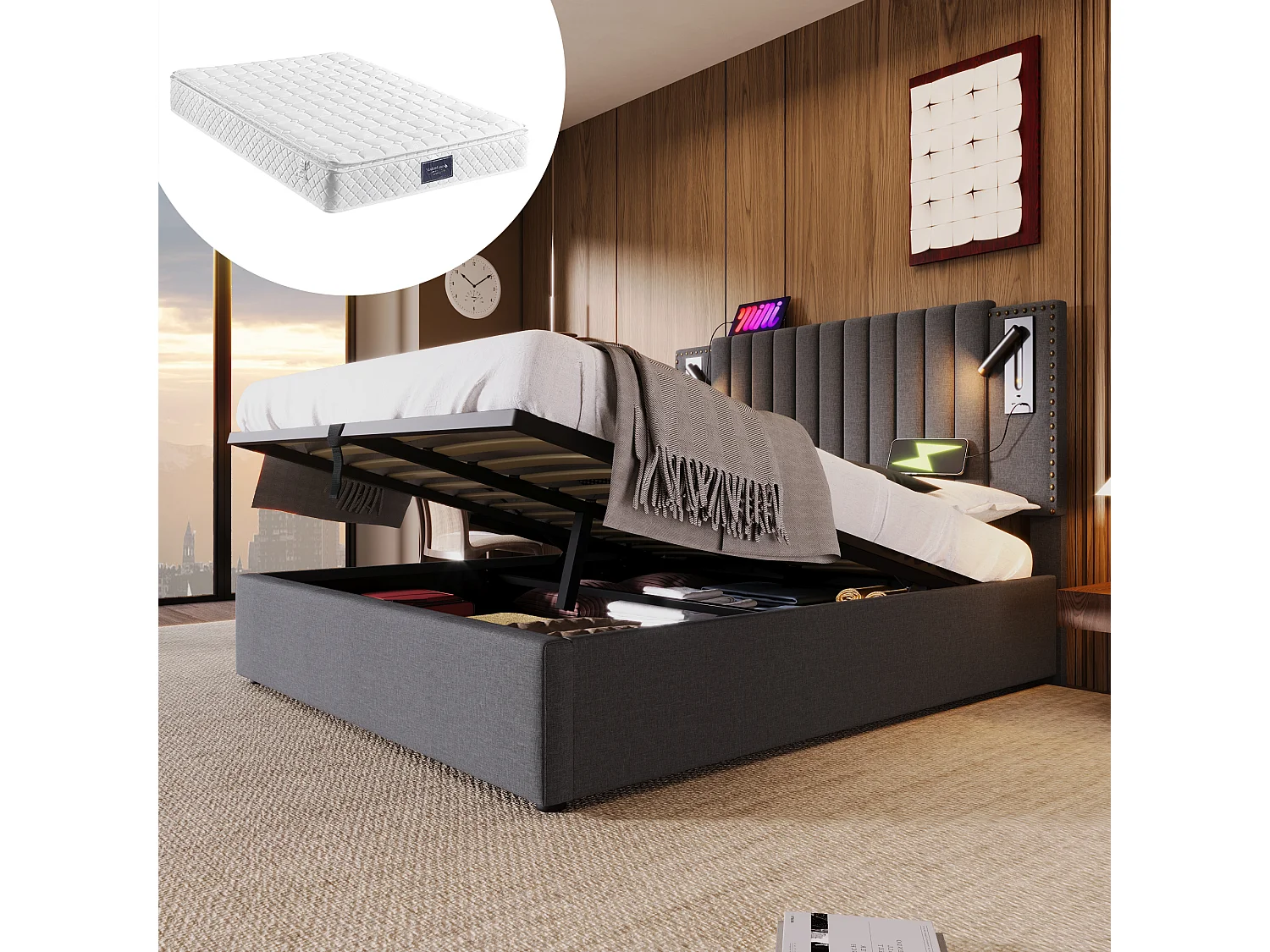 Łóżko tapicerowane dwuosobowe ze schowkiem - 160 x 200 cm - Materac + Zagłówek z USB - Tkanina bawełniana - Szary 4080333 - obrazek 1
