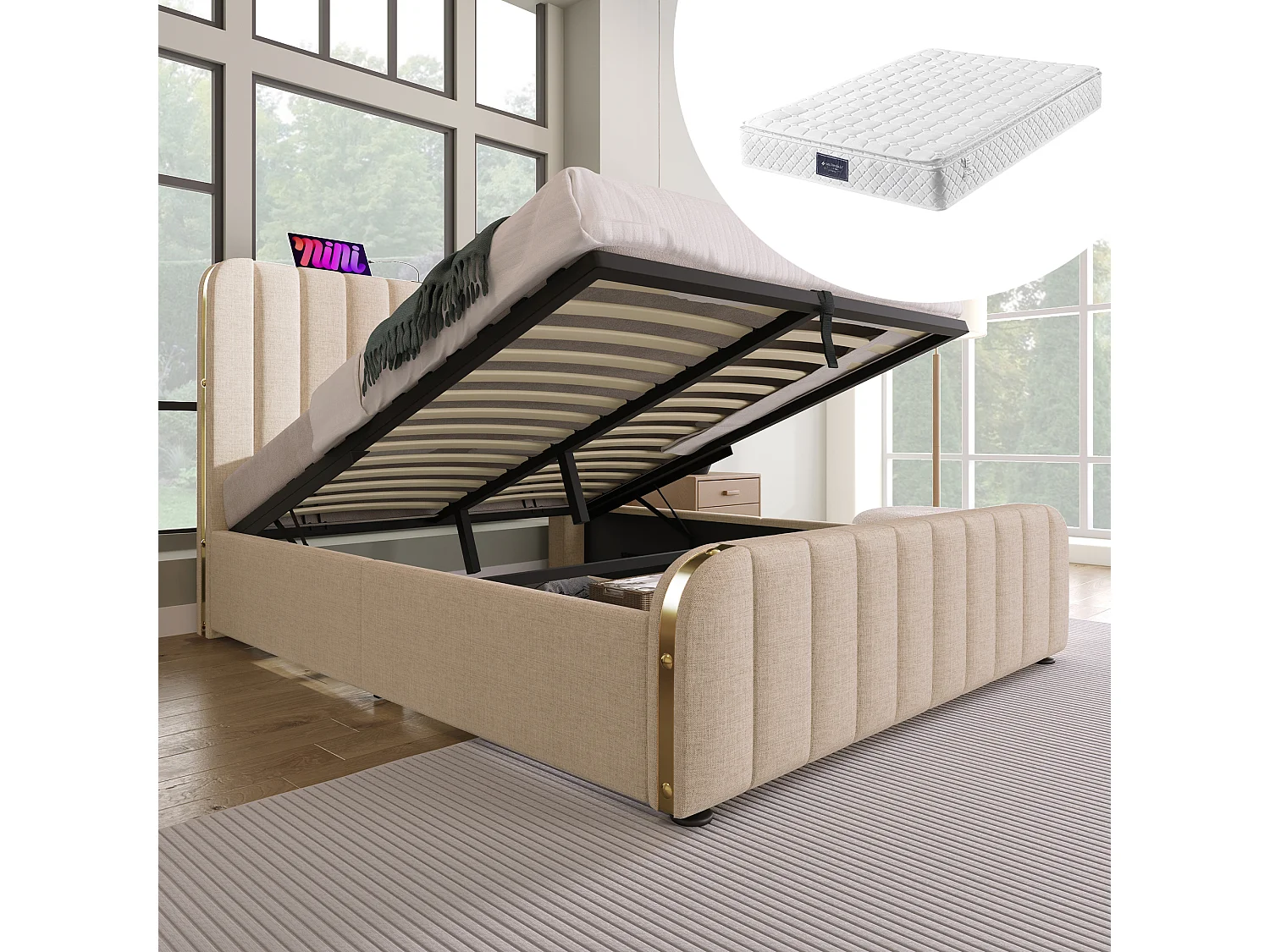 Łóżko tapicerowane z pojemnikiem na pościel - 140 x 200 cm - Materac + Zagłówek z USB - Tkanina lniana - Beżowy 4080338 - obrazek 1